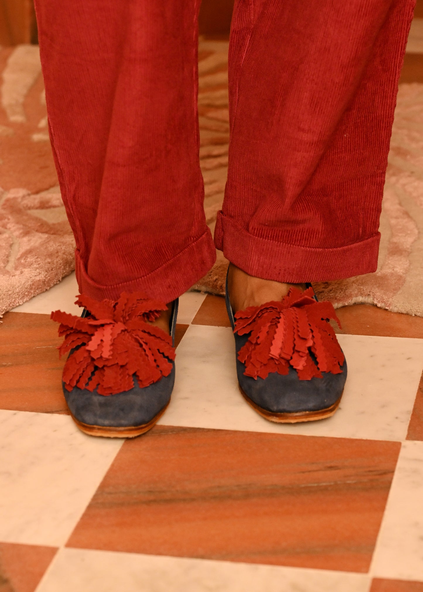 PRE-ORDER: Chrysie Slipper in Red on Blue