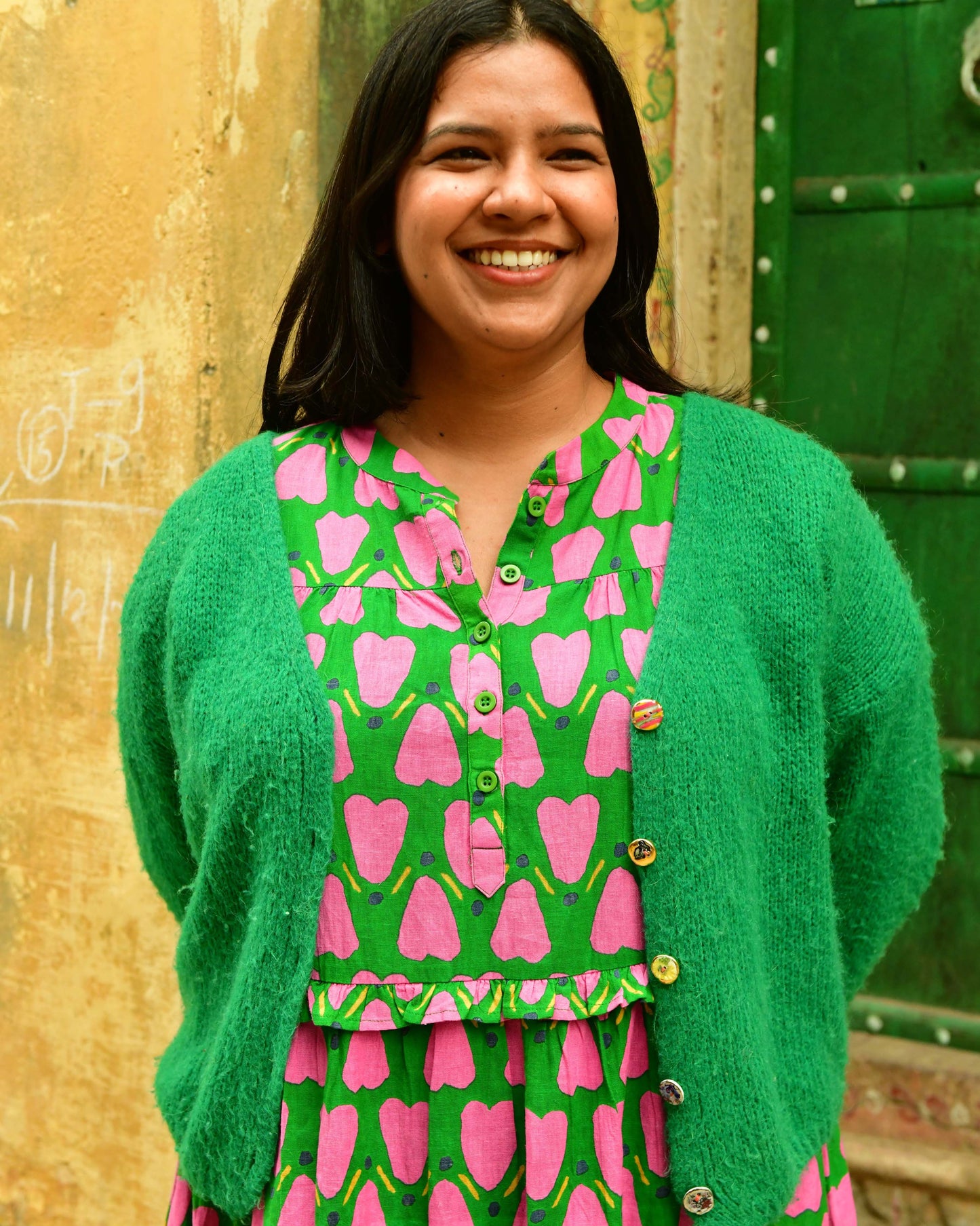 Frida Dress in 'Green Honey Heart'