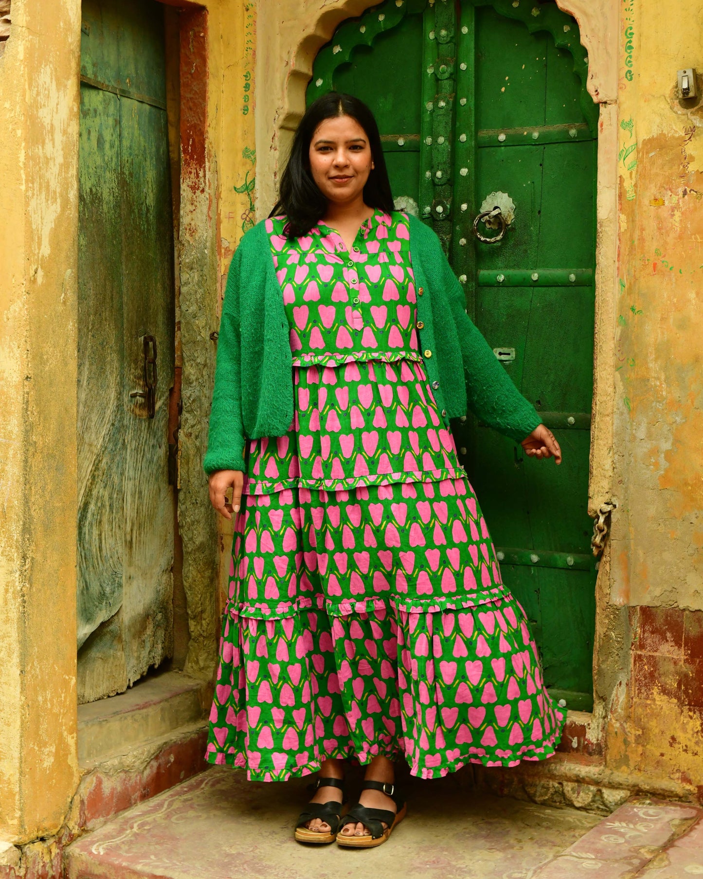 Frida Dress in 'Green Honey Heart'