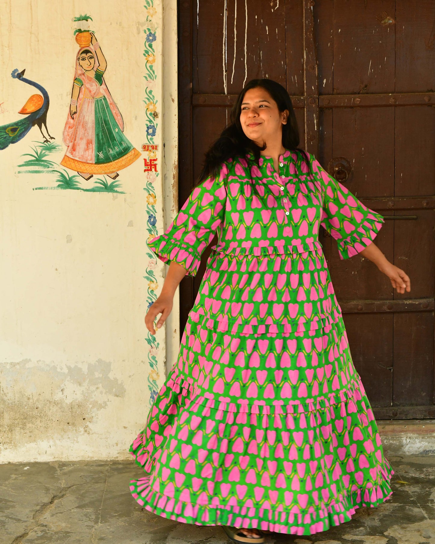 Frida Dress in 'Green Honey Heart'