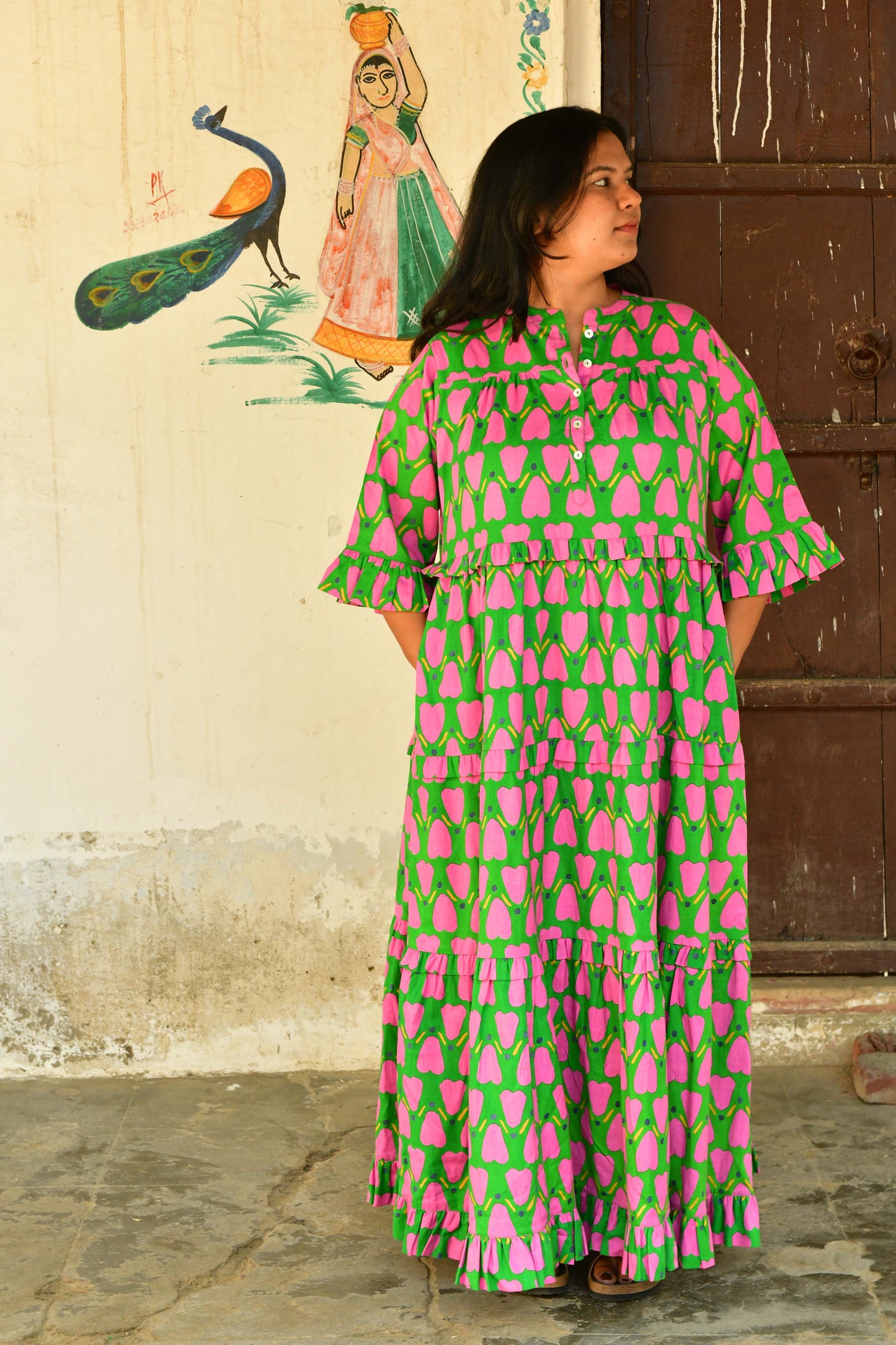 Frida Dress in 'Green Honey Heart'