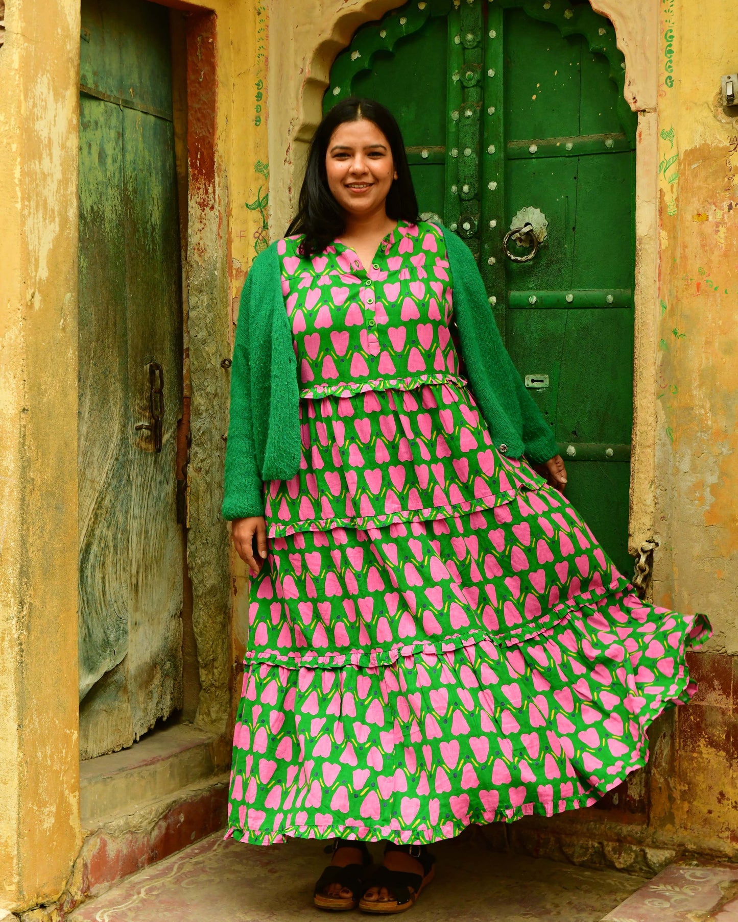 Frida Dress in 'Green Honey Heart'