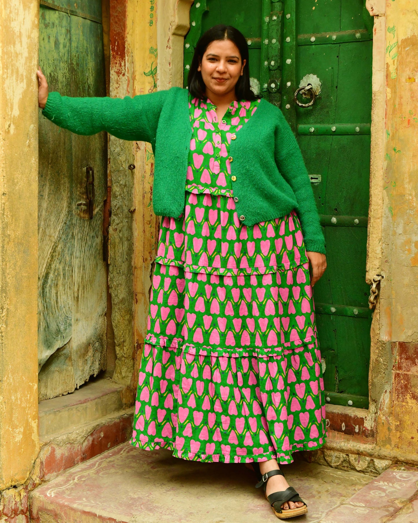 Frida Dress in 'Green Honey Heart'