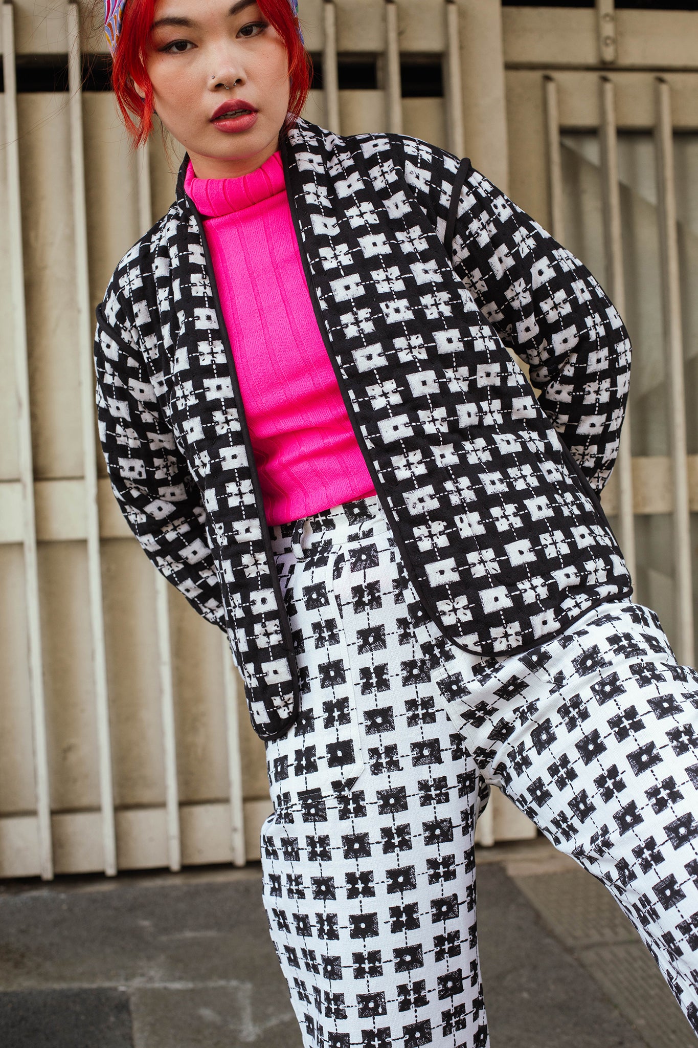 Short Quilted Reversible Jacket in 'Chess Set'