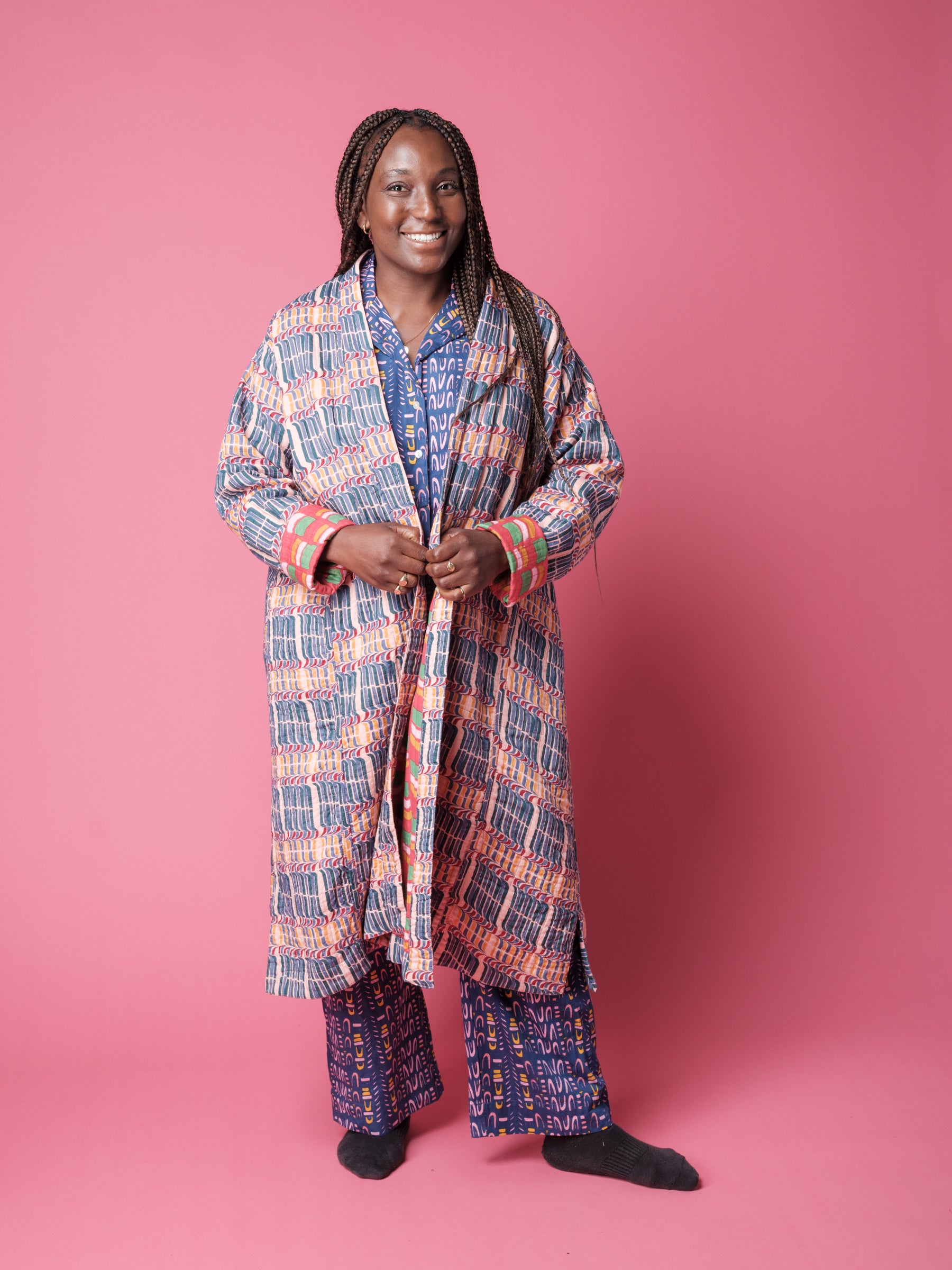 Unisex Quilted Housecoat in 'Stick of Rock' & 'Red Citrus Segment'