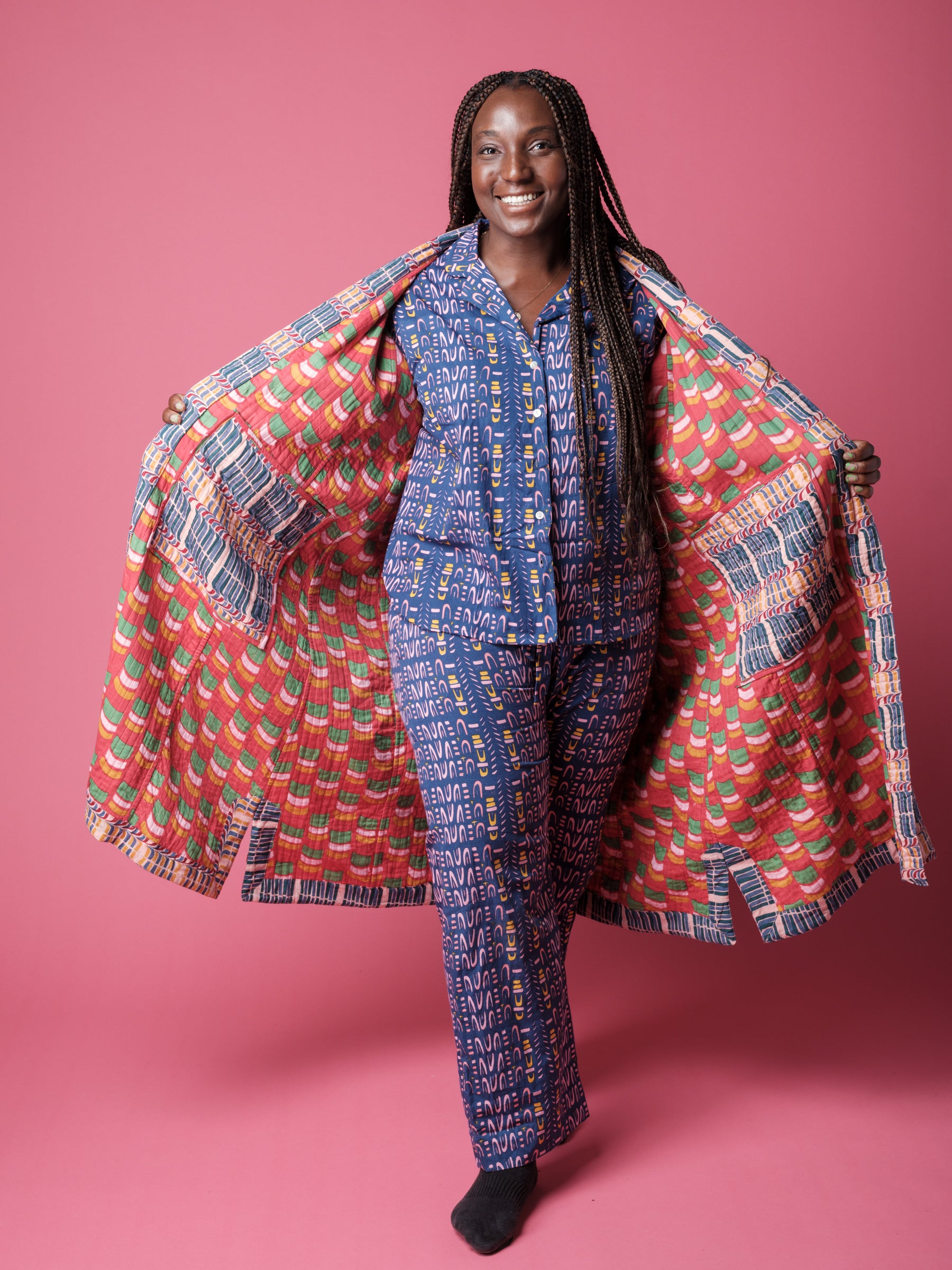 Unisex Quilted Housecoat in 'Stick of Rock' & 'Red Citrus Segment'