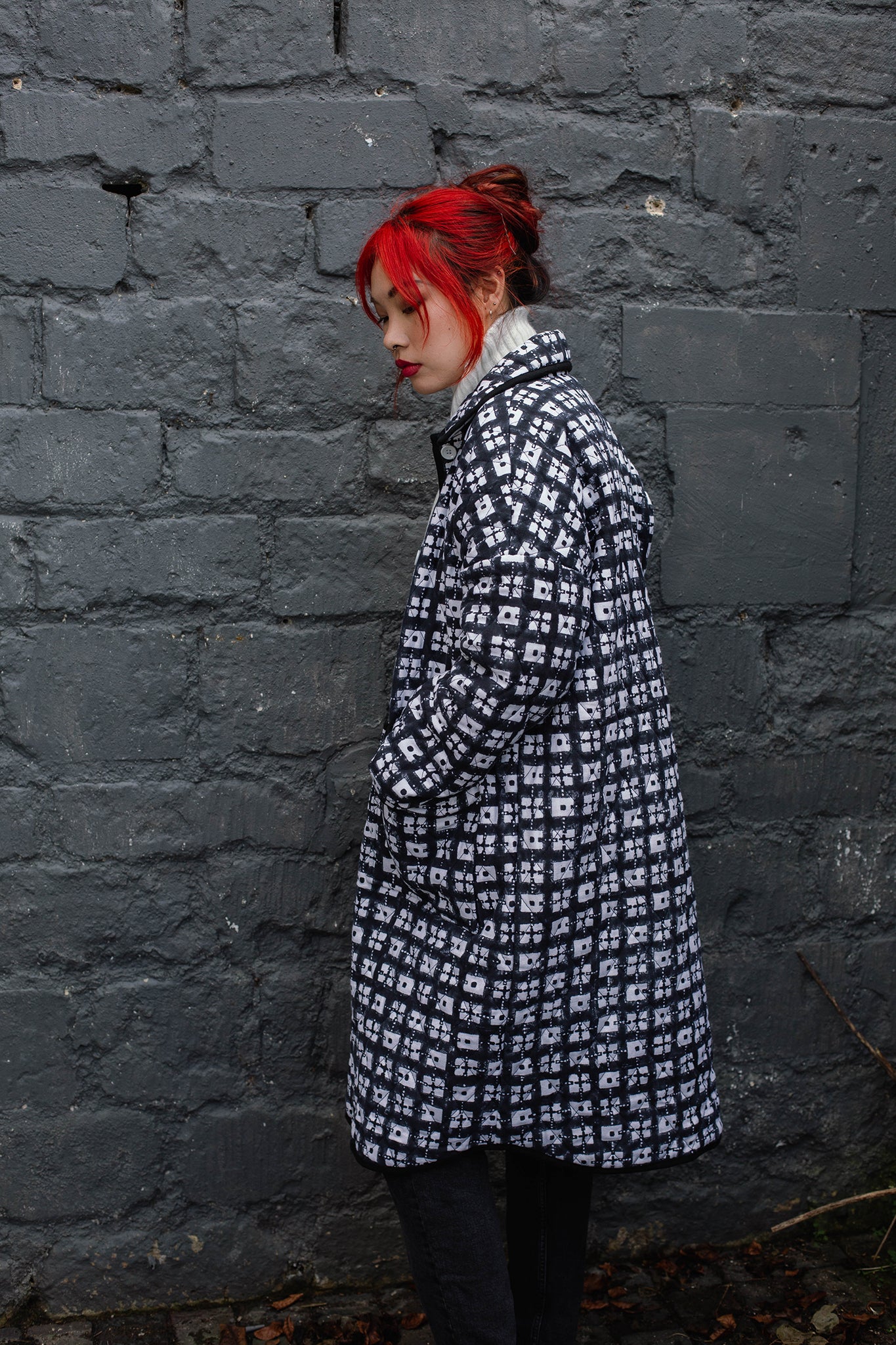 Long Quilted Overcoat in 'Chess Set'