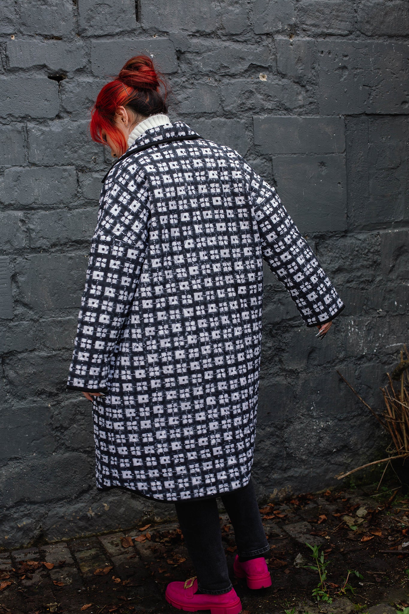 Long Quilted Overcoat in 'Chess Set'