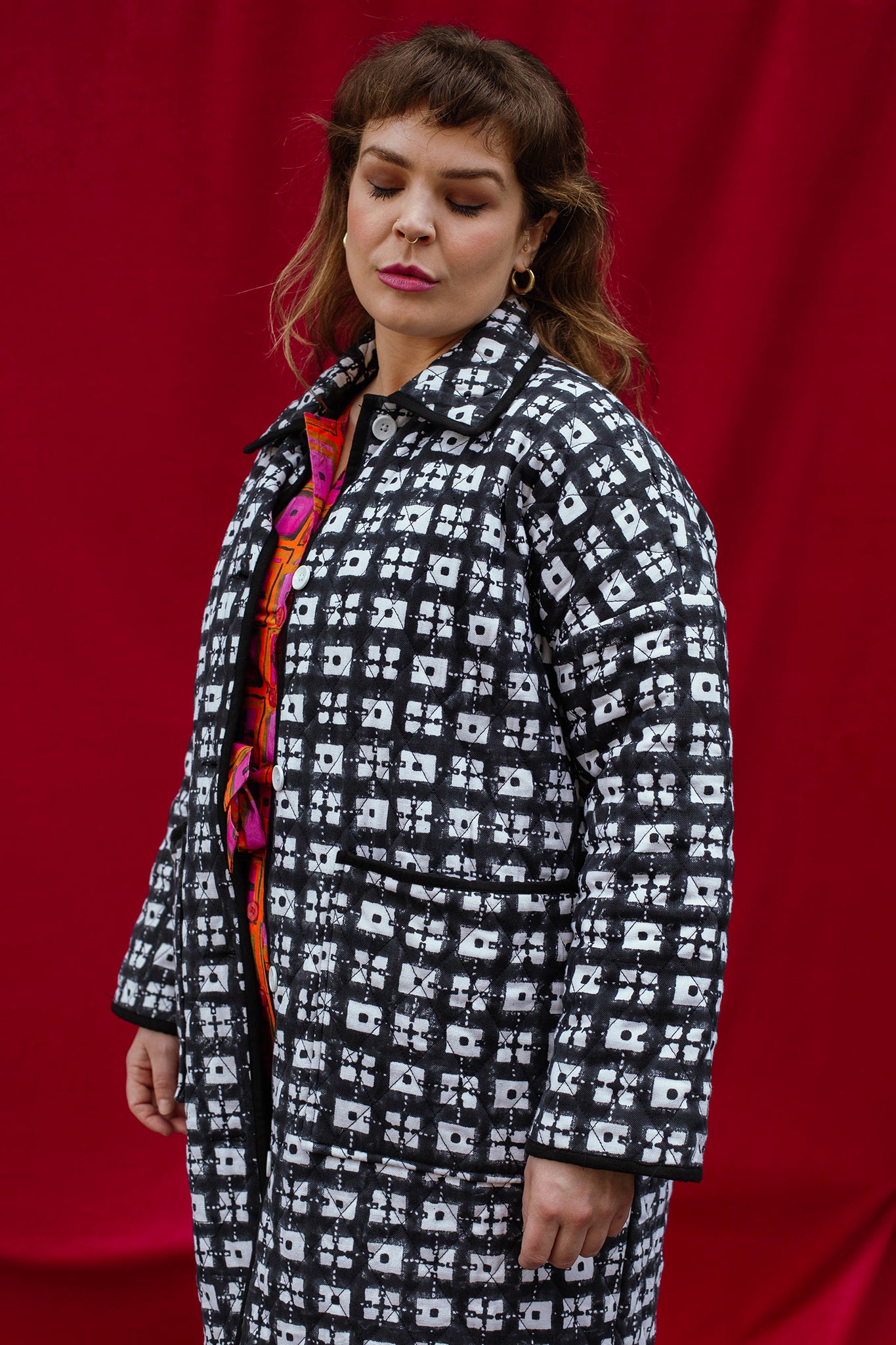 Long Quilted Overcoat in 'Chess Set'