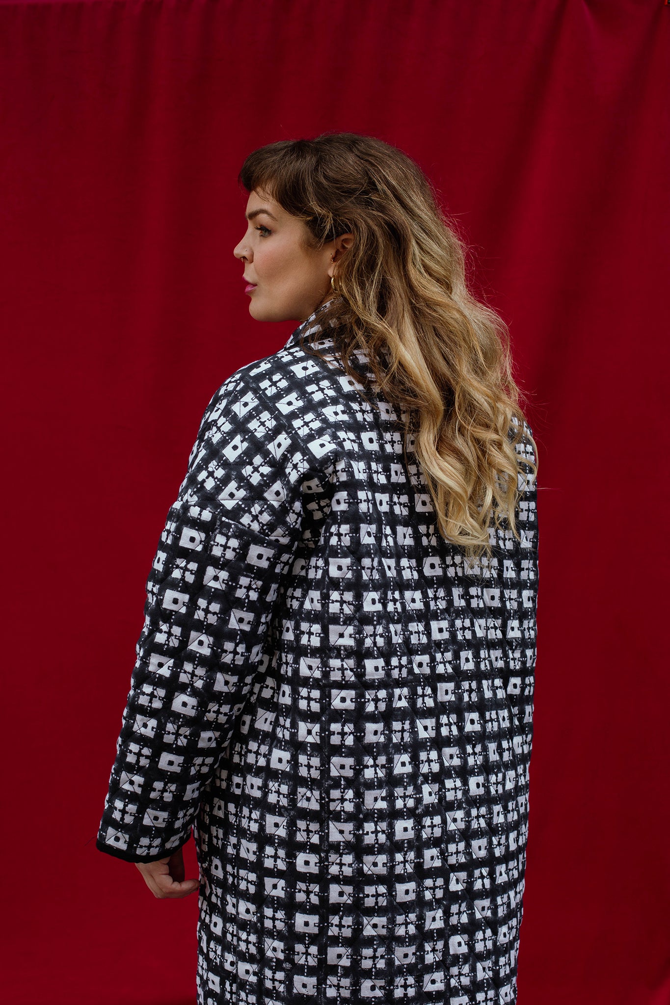 Long Quilted Overcoat in 'Chess Set'
