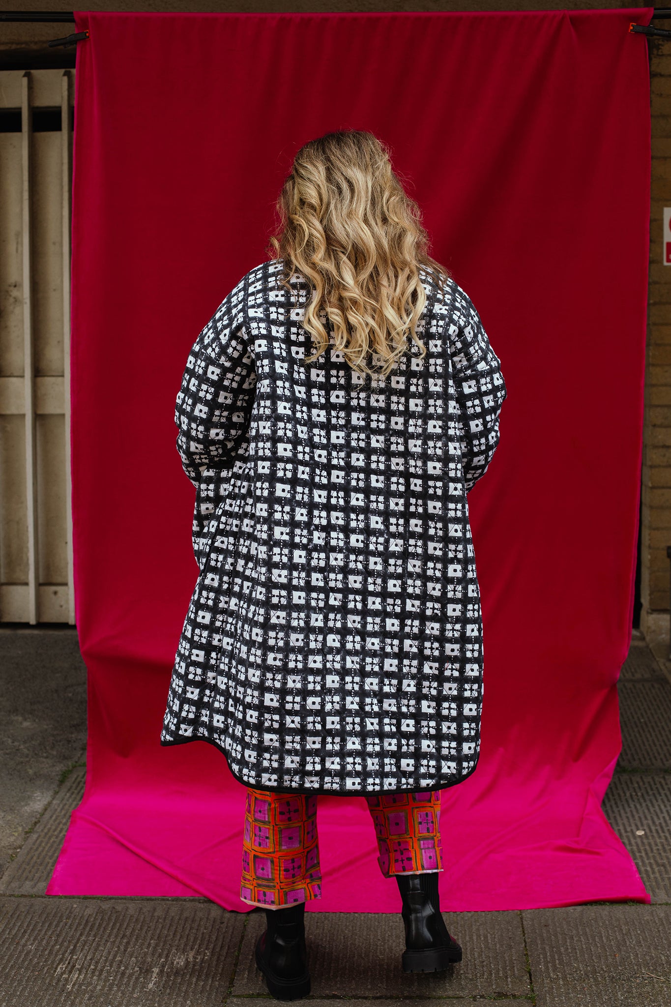 Long Quilted Overcoat in 'Chess Set'