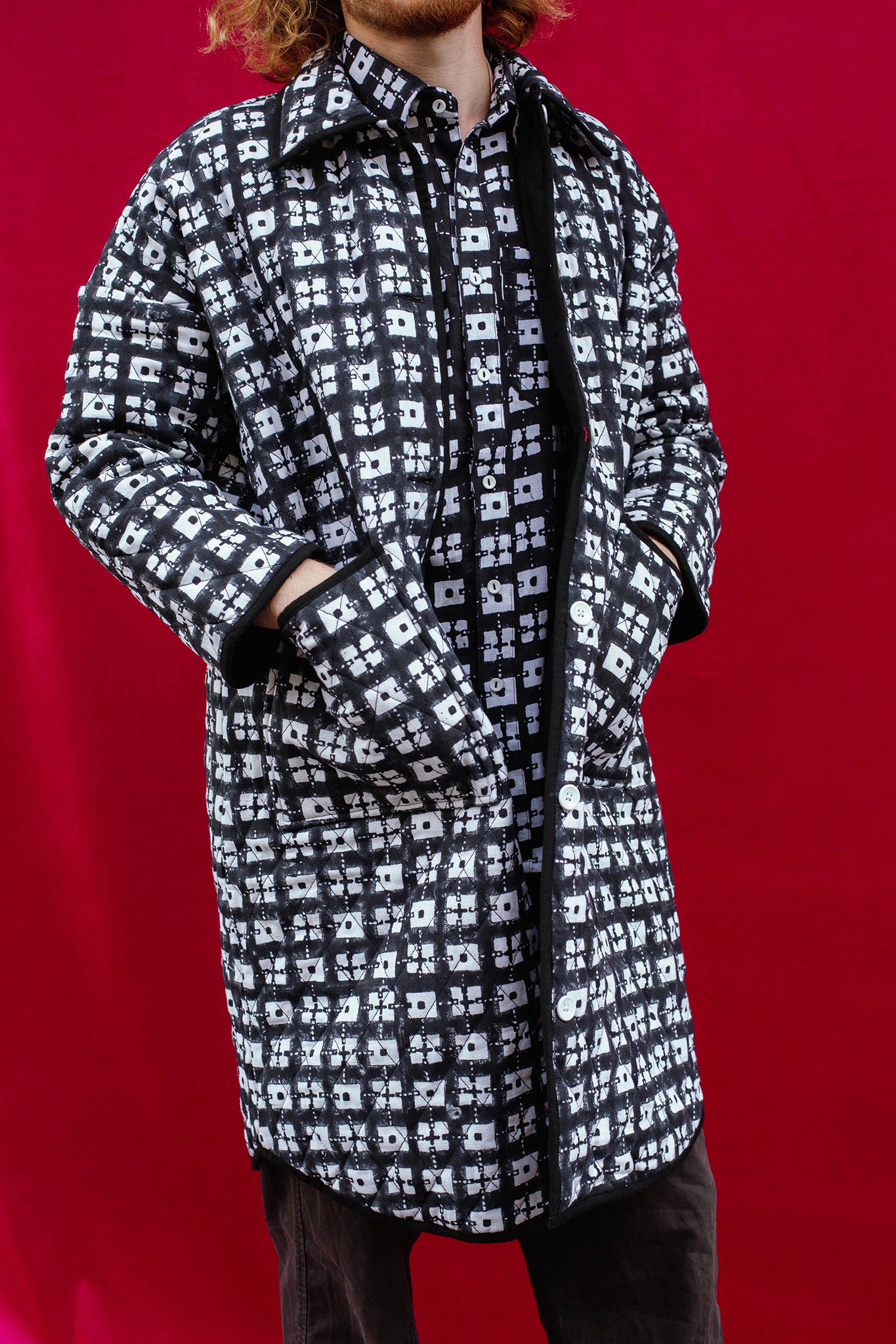 Long Quilted Overcoat in 'Chess Set'
