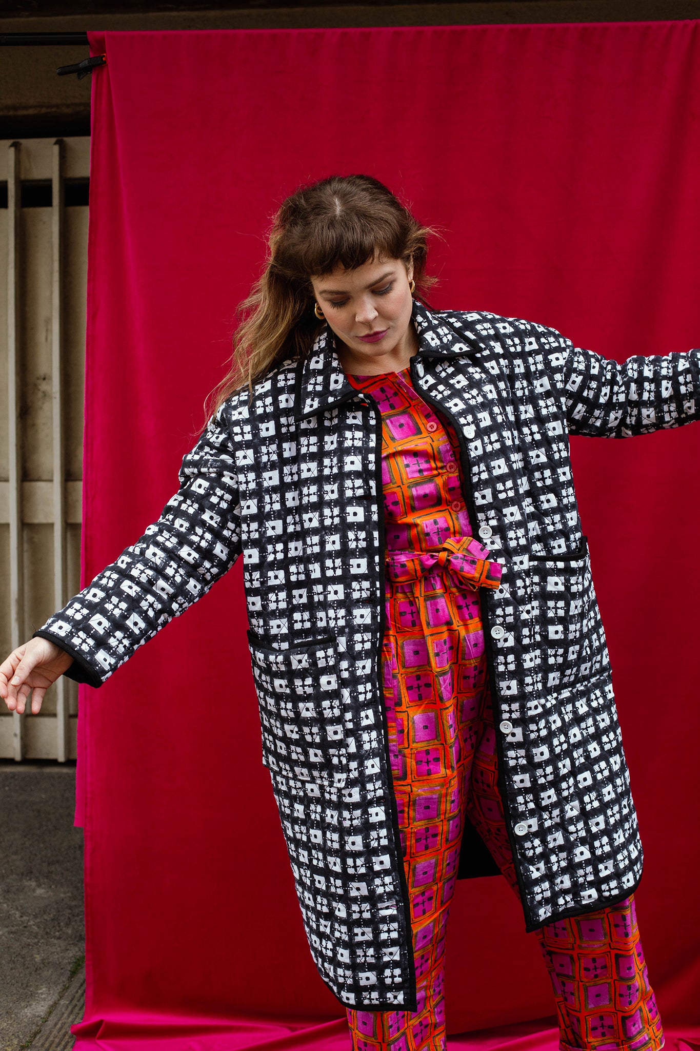 Long Quilted Overcoat in 'Chess Set'
