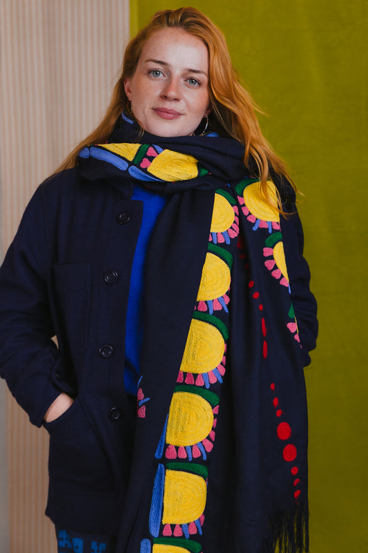 Wool Shawl in 'Navy Sunflower'