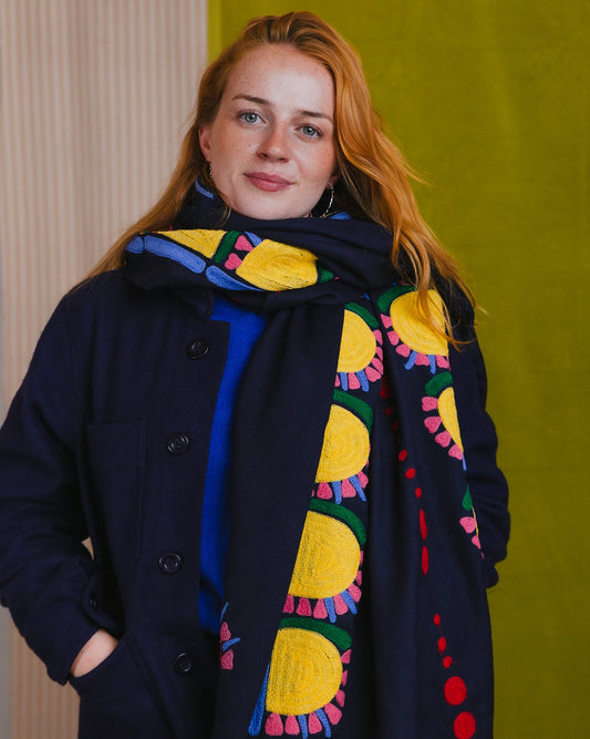 Wool Shawl in 'Navy Sunflower'