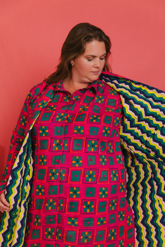 Cotton midi-length nightshirt button front patch pockets classic shirt collar sustainable fashion made in india