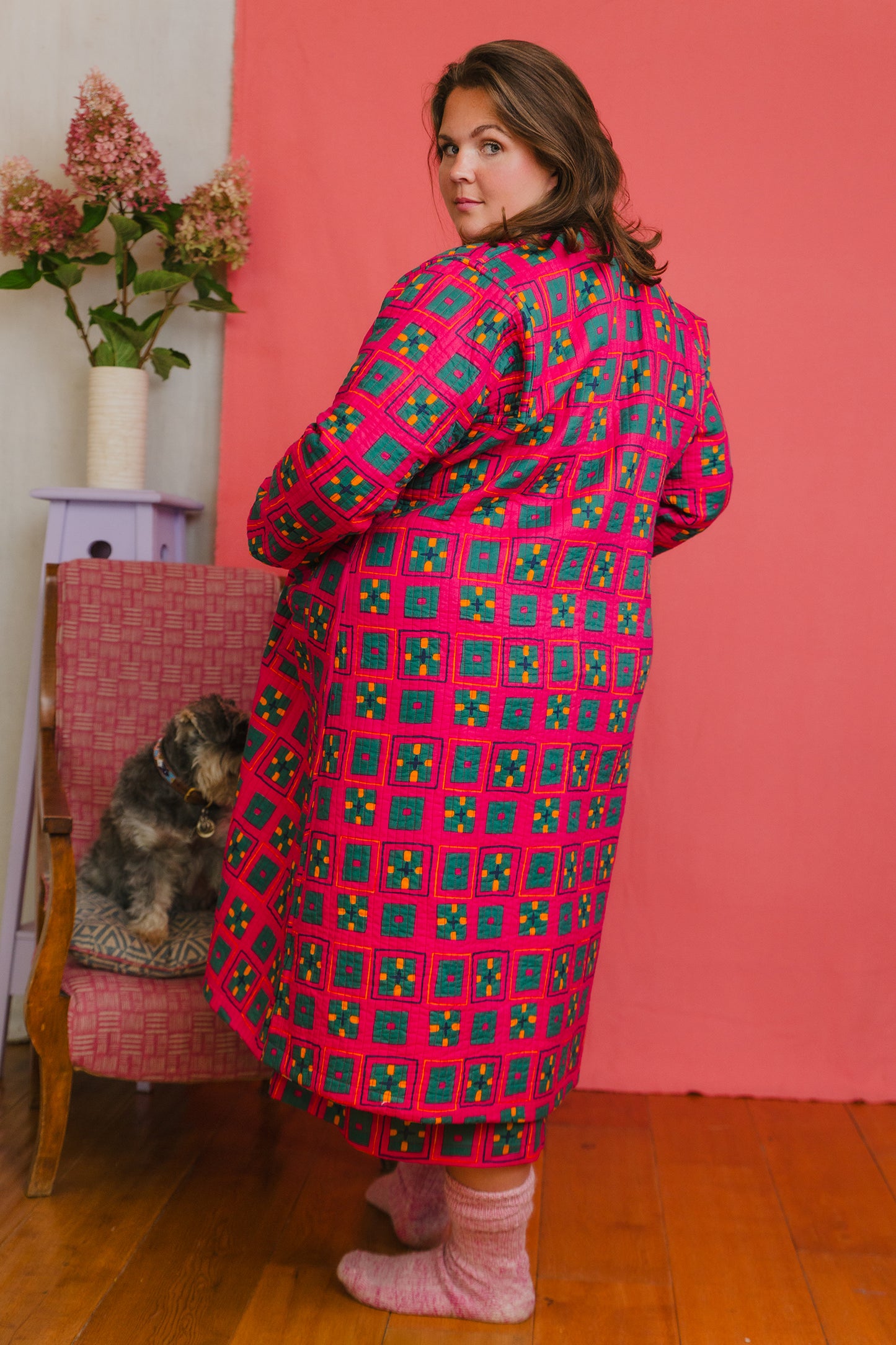 Quilted Housecoat in 'Distant Dream' & 'Splash of Orange'