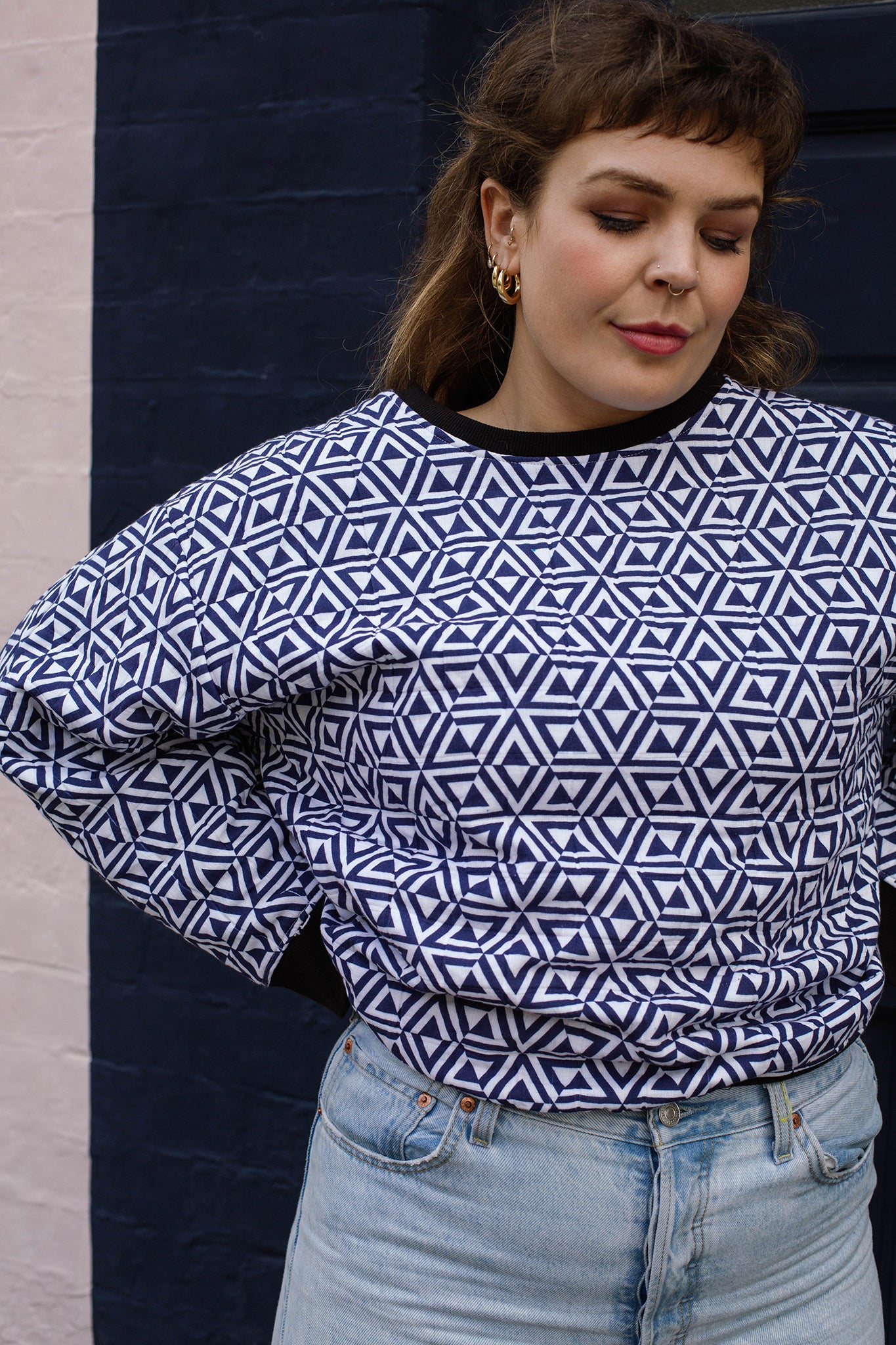 Quilted cotton Sweatshirt in 'Navy Honeycomb'