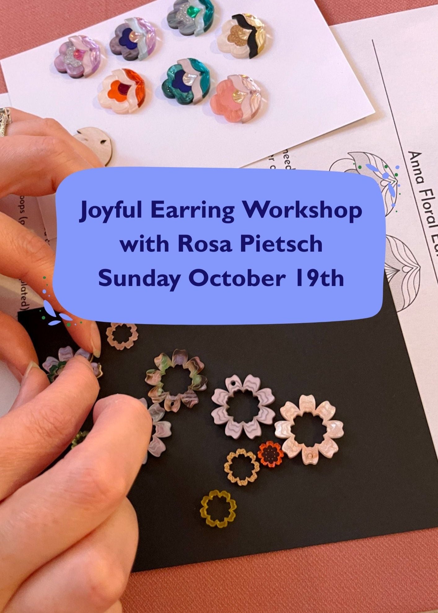 Handmade earrings being held with promotional text for a earring workshop.