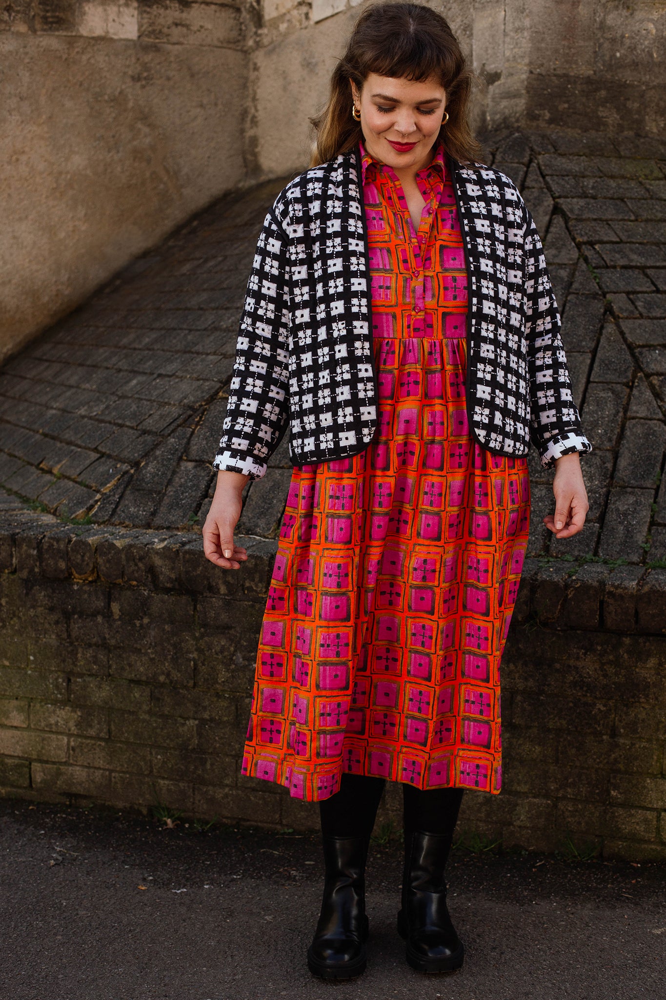 Short Quilted Reversible Jacket in 'Chess Set'