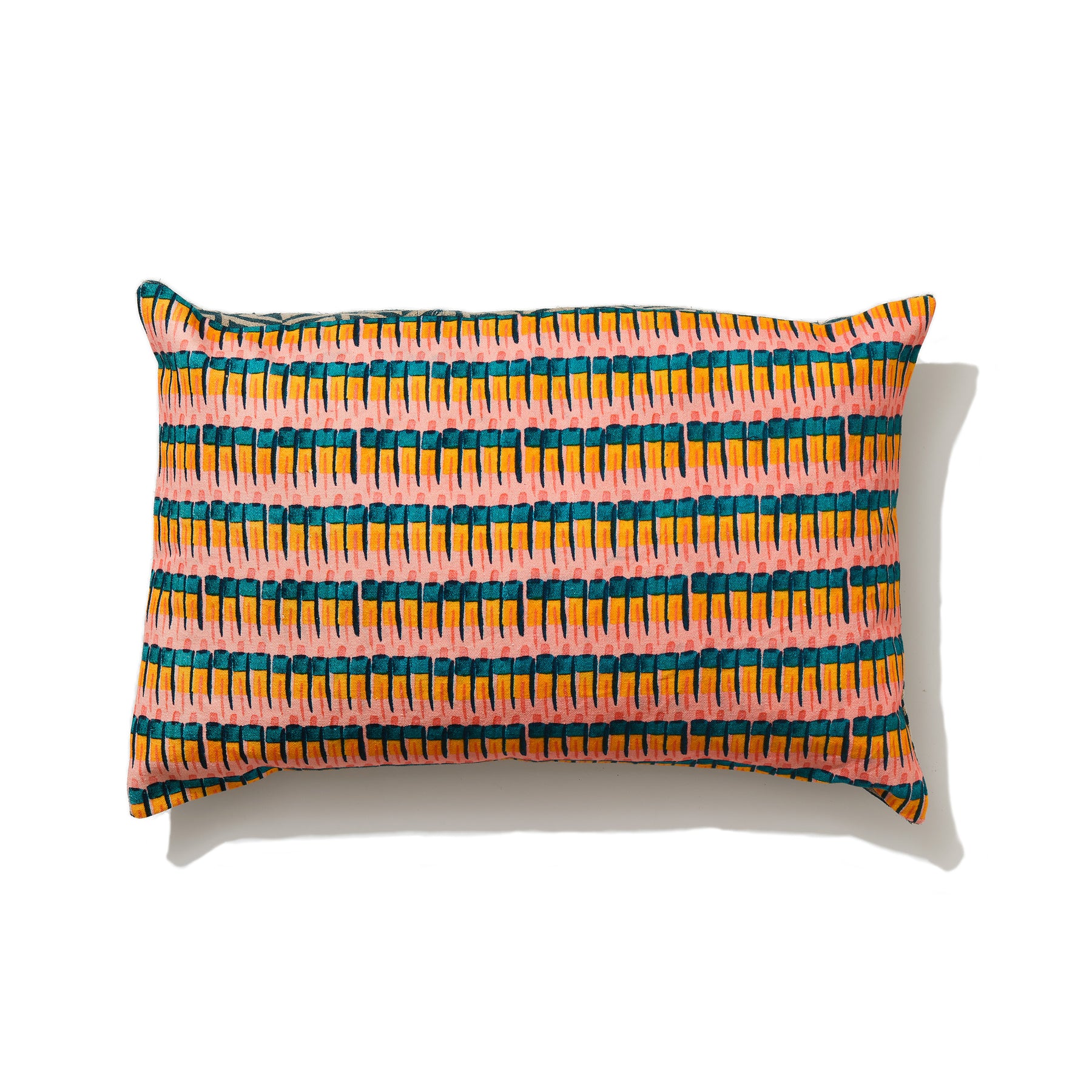 Rectangular teal honeycomb linen and row of soldiers cotton cushion 40 x 60cm