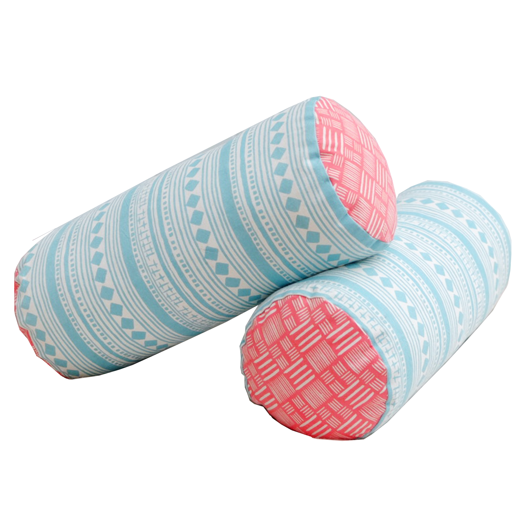 Aquamarine cabaret stripe and rose hash cotton short bolster 46 x 20cm-Humphries and Begg