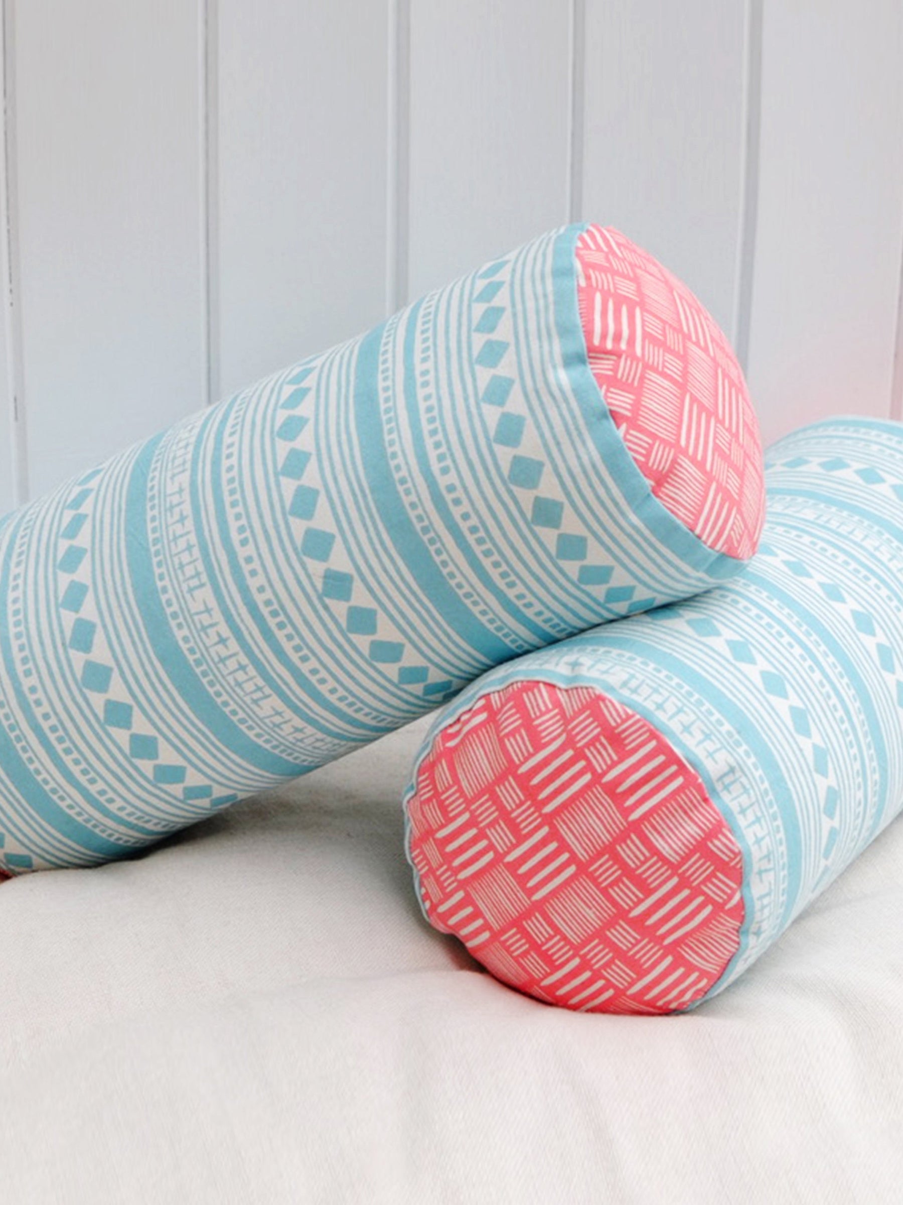 Aquamarine cabaret stripe and rose hash cotton short bolster 46 x 20cm-Humphries and Begg