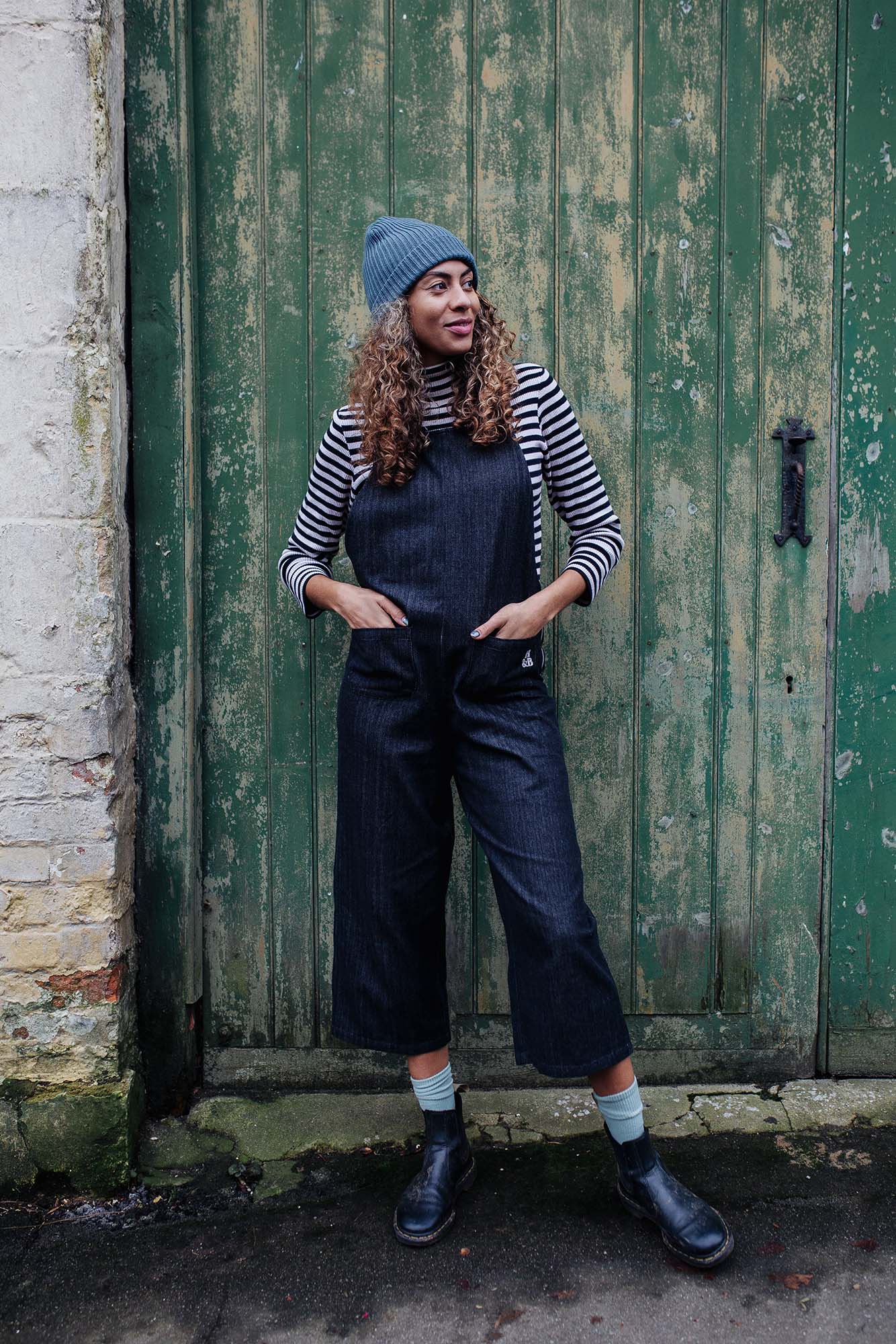 Rosie Dungarees In Herringbone Black Recycled Cotton XS, S & M only