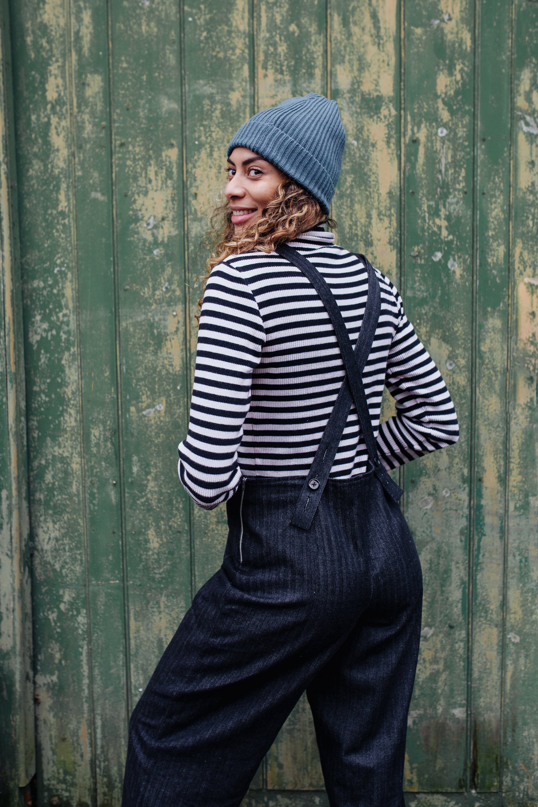Rosie Dungarees In Herringbone Black Recycled Cotton XS, S & M only
