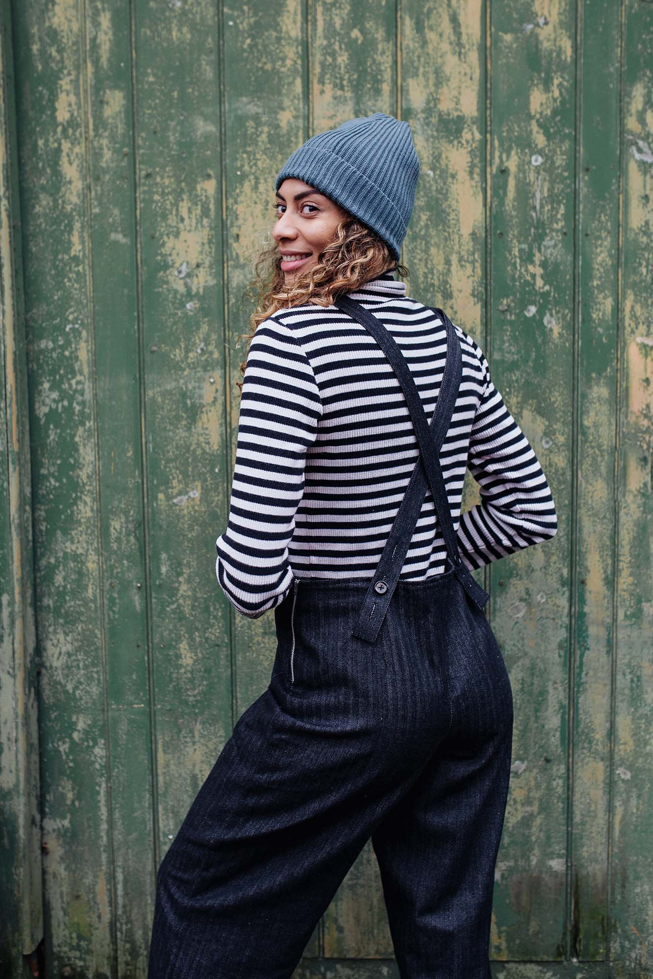 Rosie Dungarees In Herringbone Black Recycled Cotton XS, S & M only