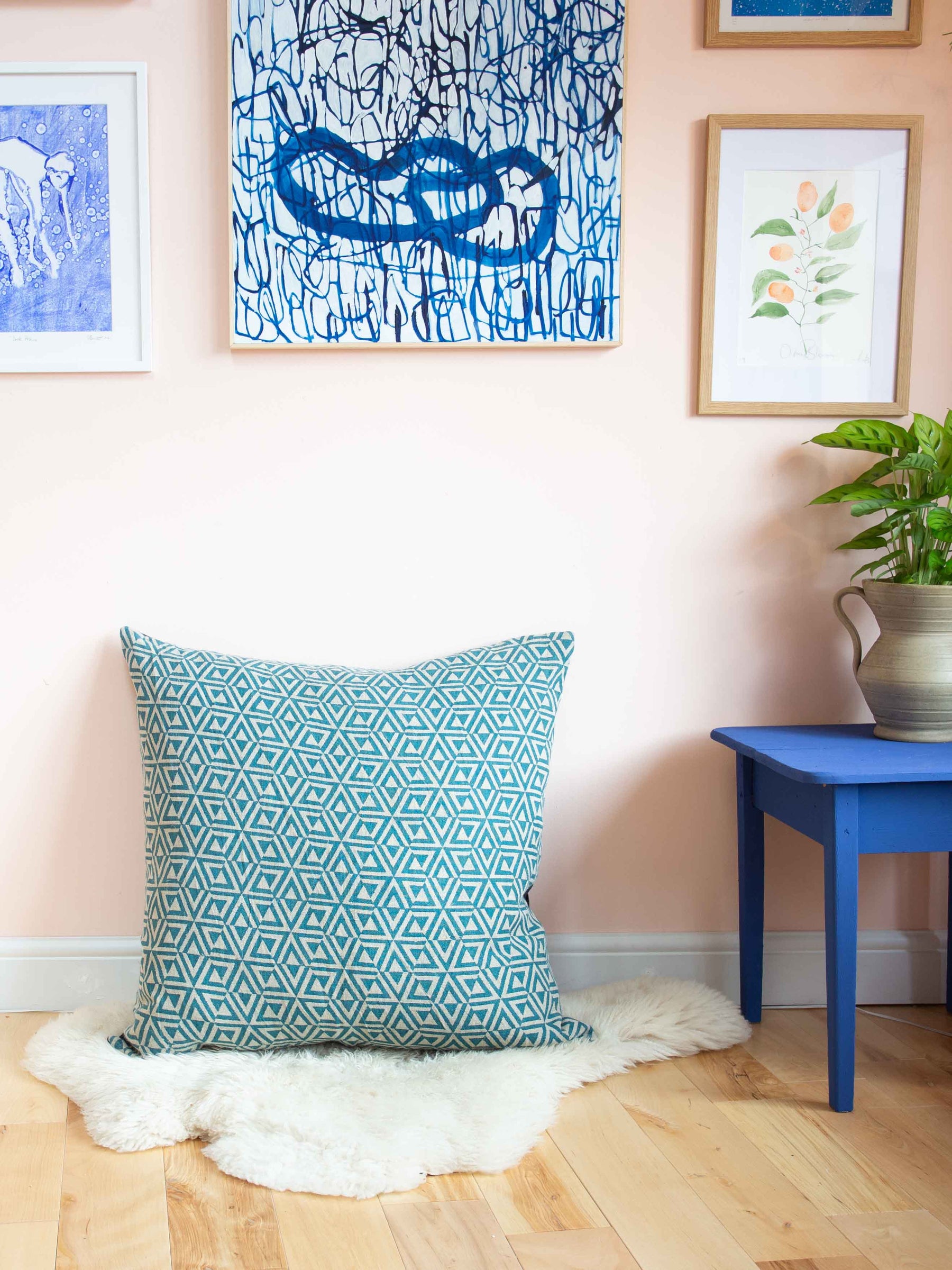 Floor Cushion - Teal Honeycomb in Linen