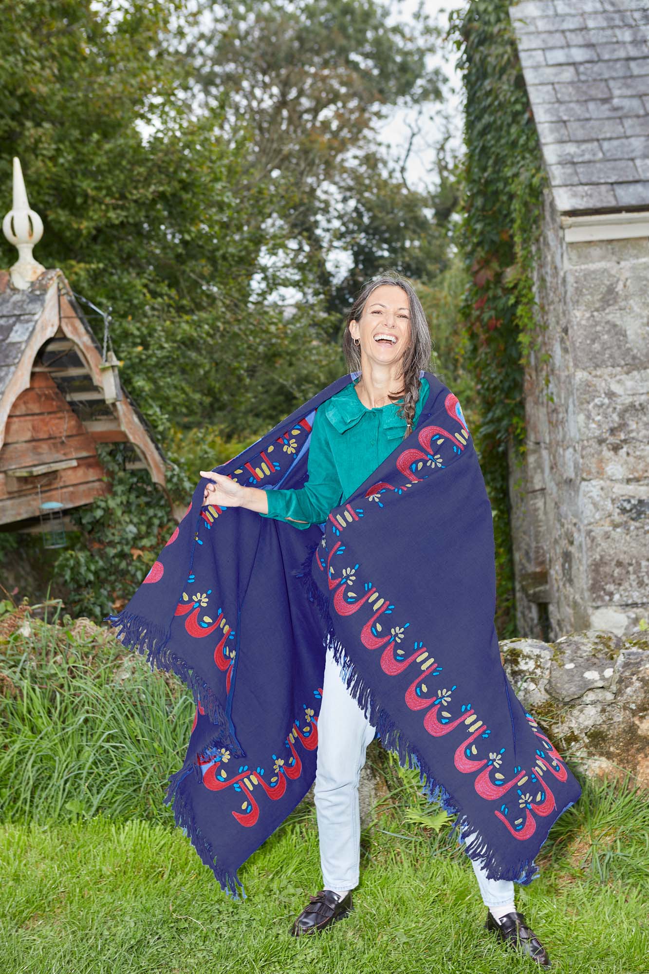 Peacock Crown on Navy Wool Shawl