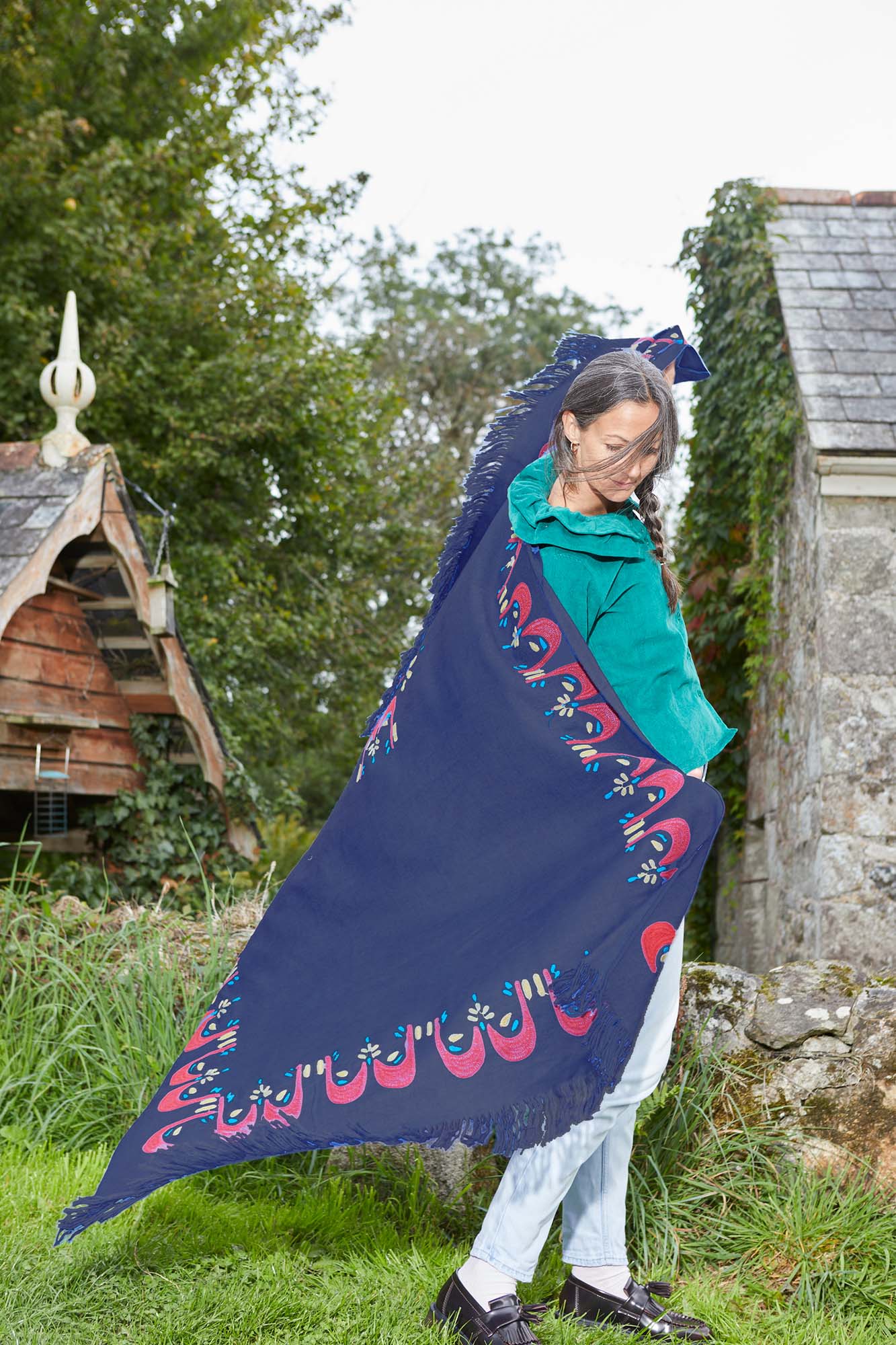Peacock Crown on Navy Wool Shawl
