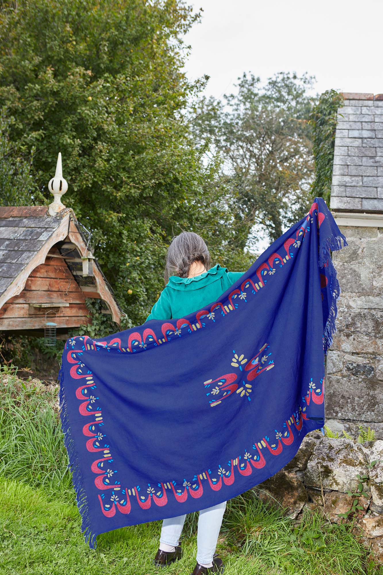 Peacock Crown on Navy Wool Shawl