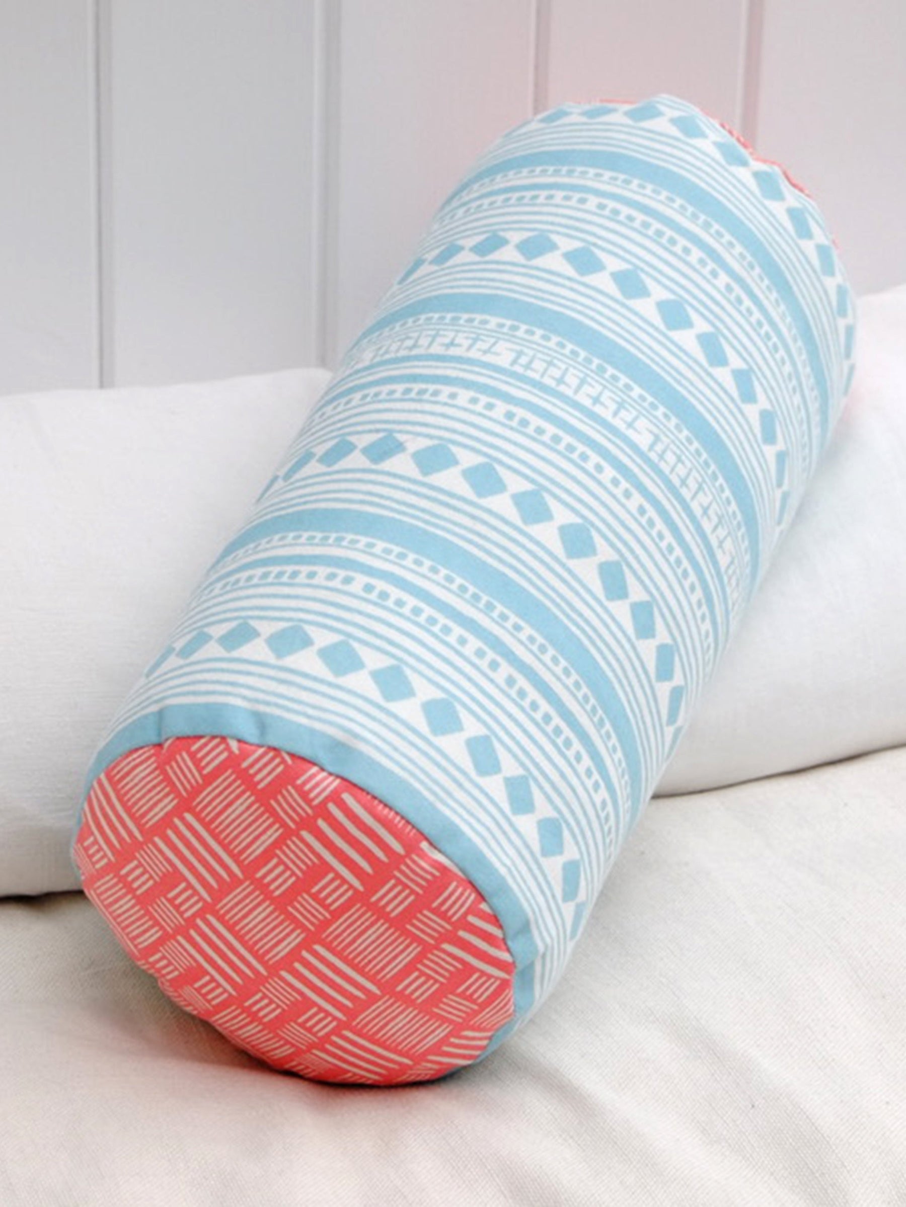 Aquamarine cabaret stripe and rose hash cotton short bolster 46 x 20cm-Humphries and Begg