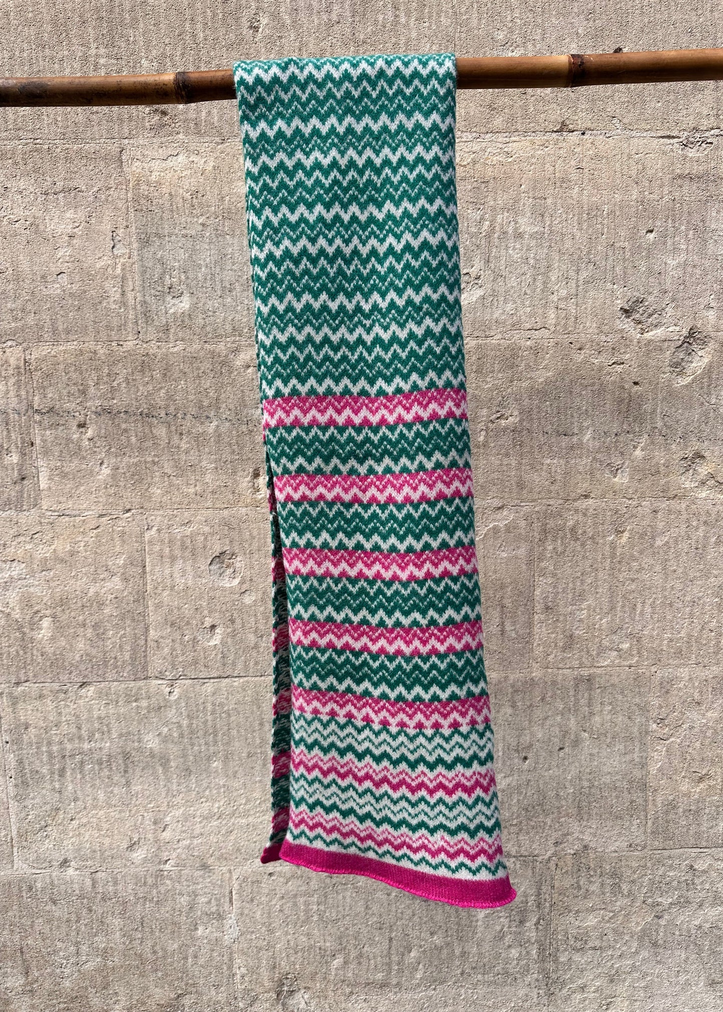 Lambswool Scarf: 'Green & Pink Spark'