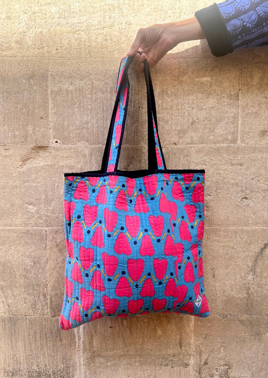 Quilted Tote Bag in 'Blue Honey Heart'