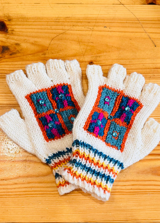 Wool Fingerless Gloves: 'White Chess Set'