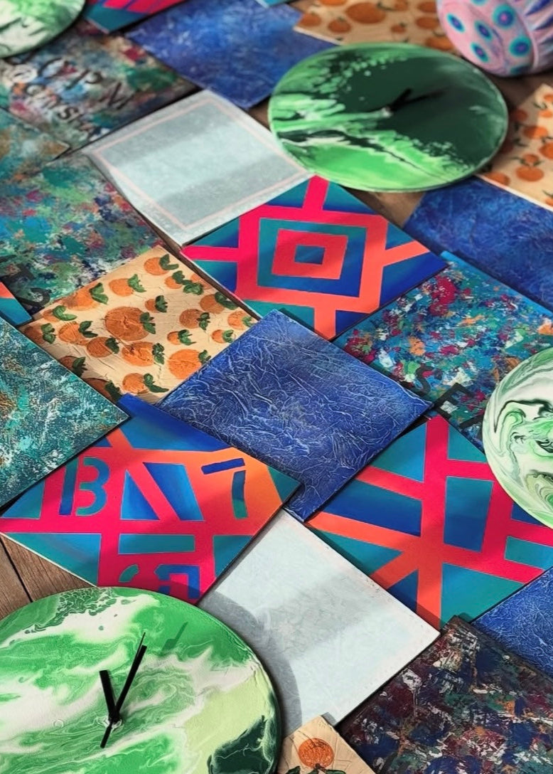 Collection of colorful  patterns on a wooden surface.