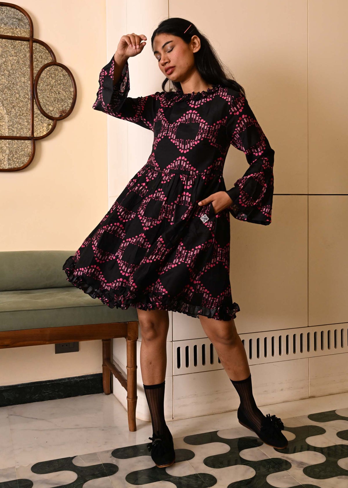 Party Frill Dress in 'Dashing Diamond on Black'