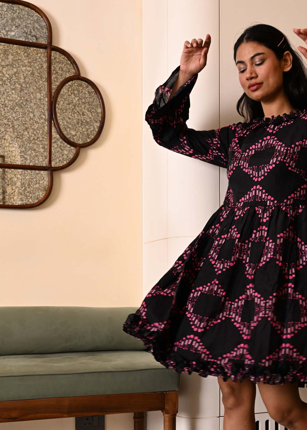Party Frill Dress in 'Dashing Diamond on Black'