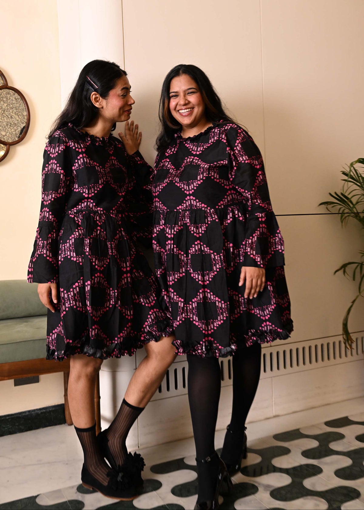 Party Frill Dress in 'Dashing Diamond on Black'
