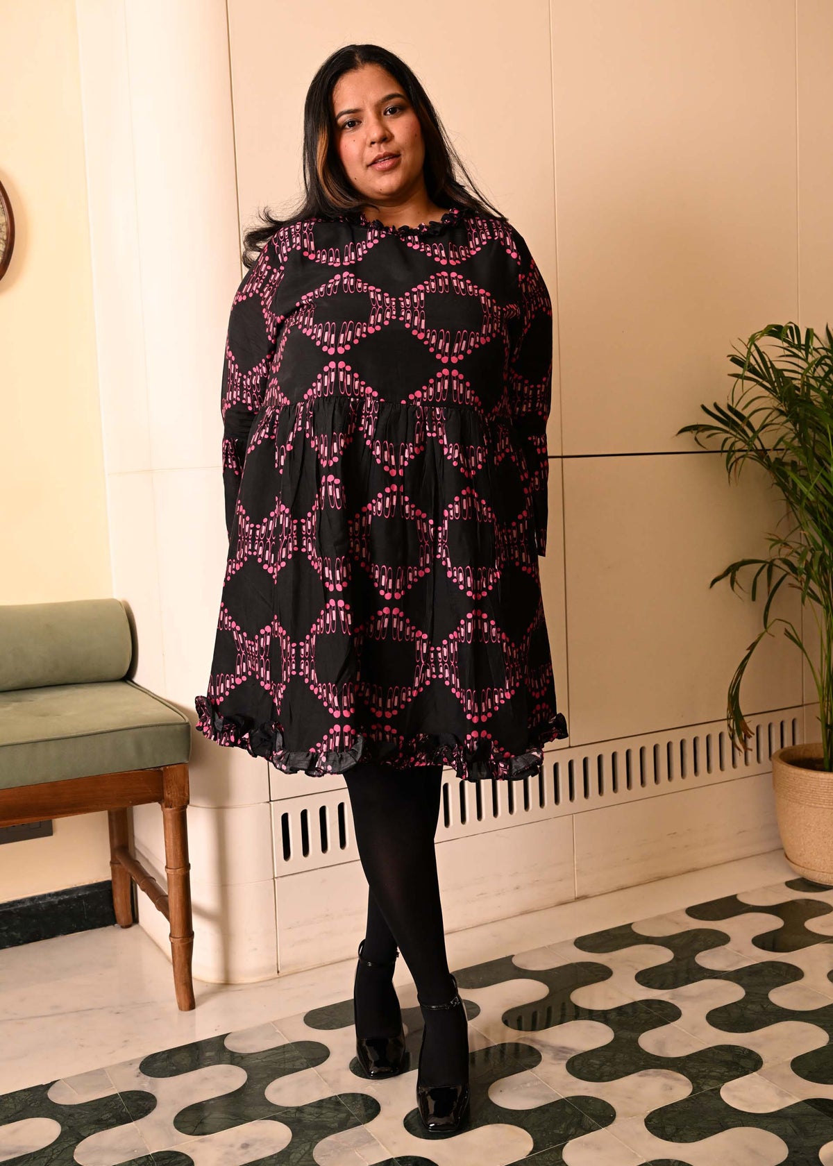 Party Frill Dress in 'Dashing Diamond on Black'