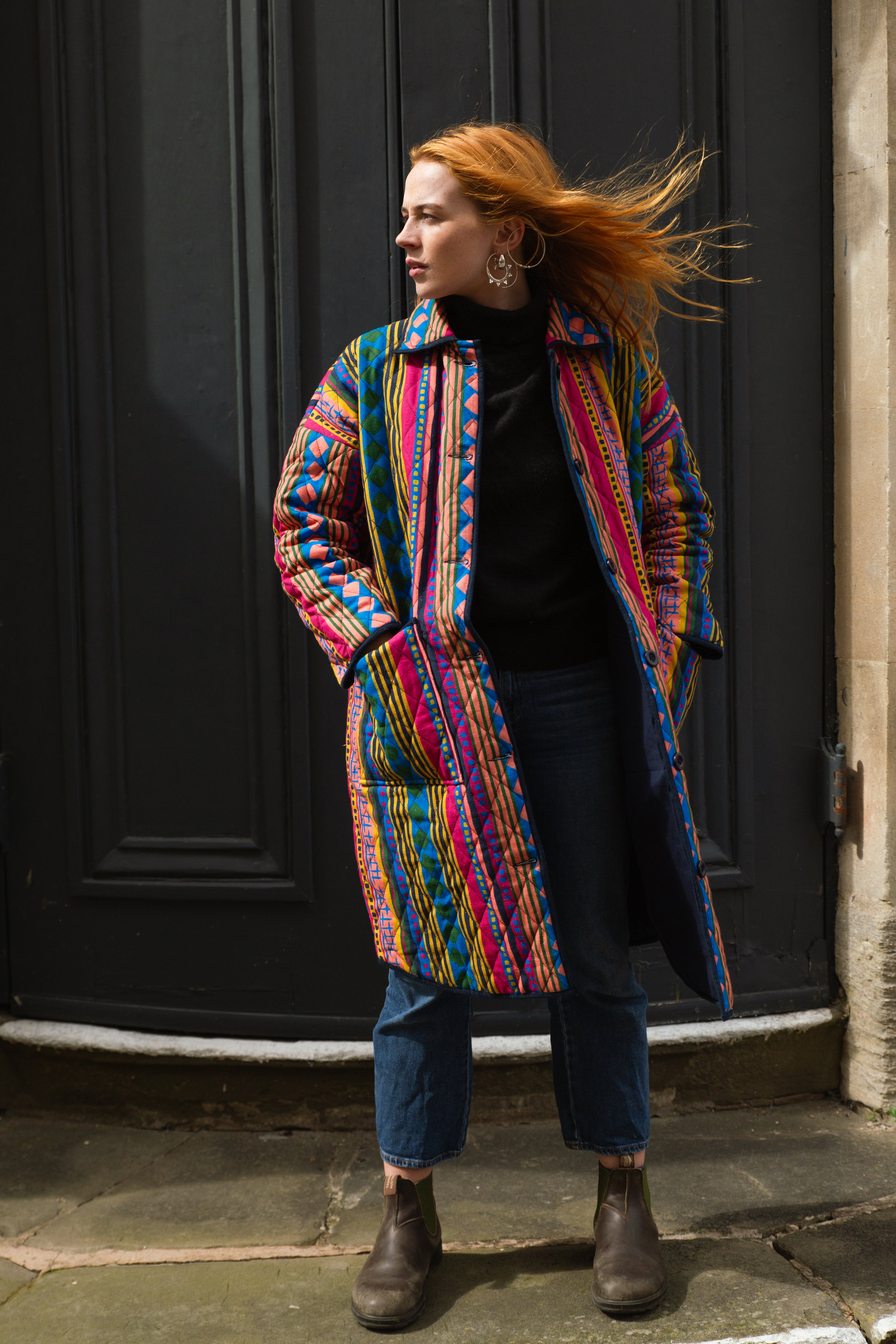Quilted Overcoat in Colourful Cabaret Stripe Humphries and Begg