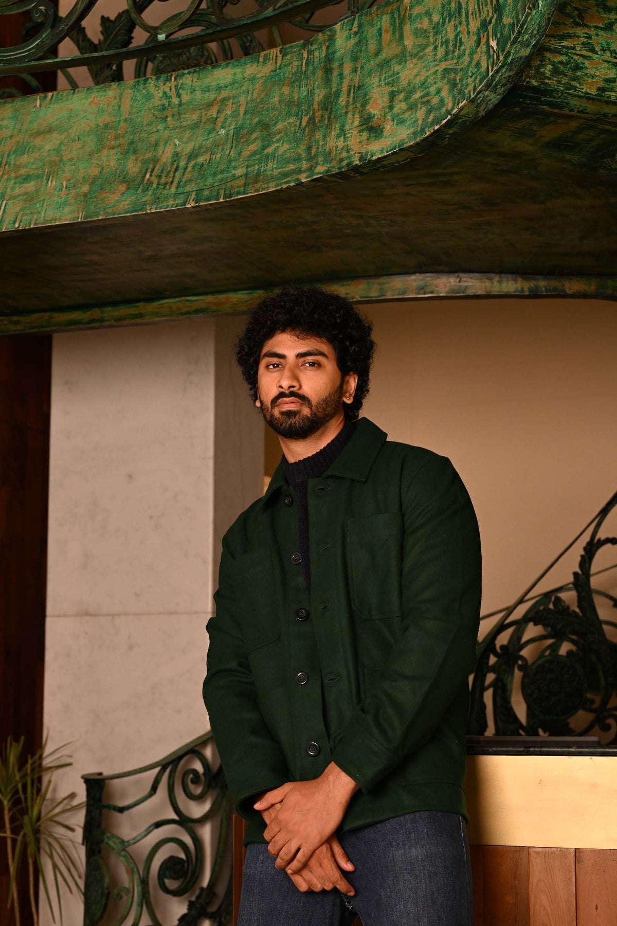 Green Embroidered Felt Jacket with Firework Design