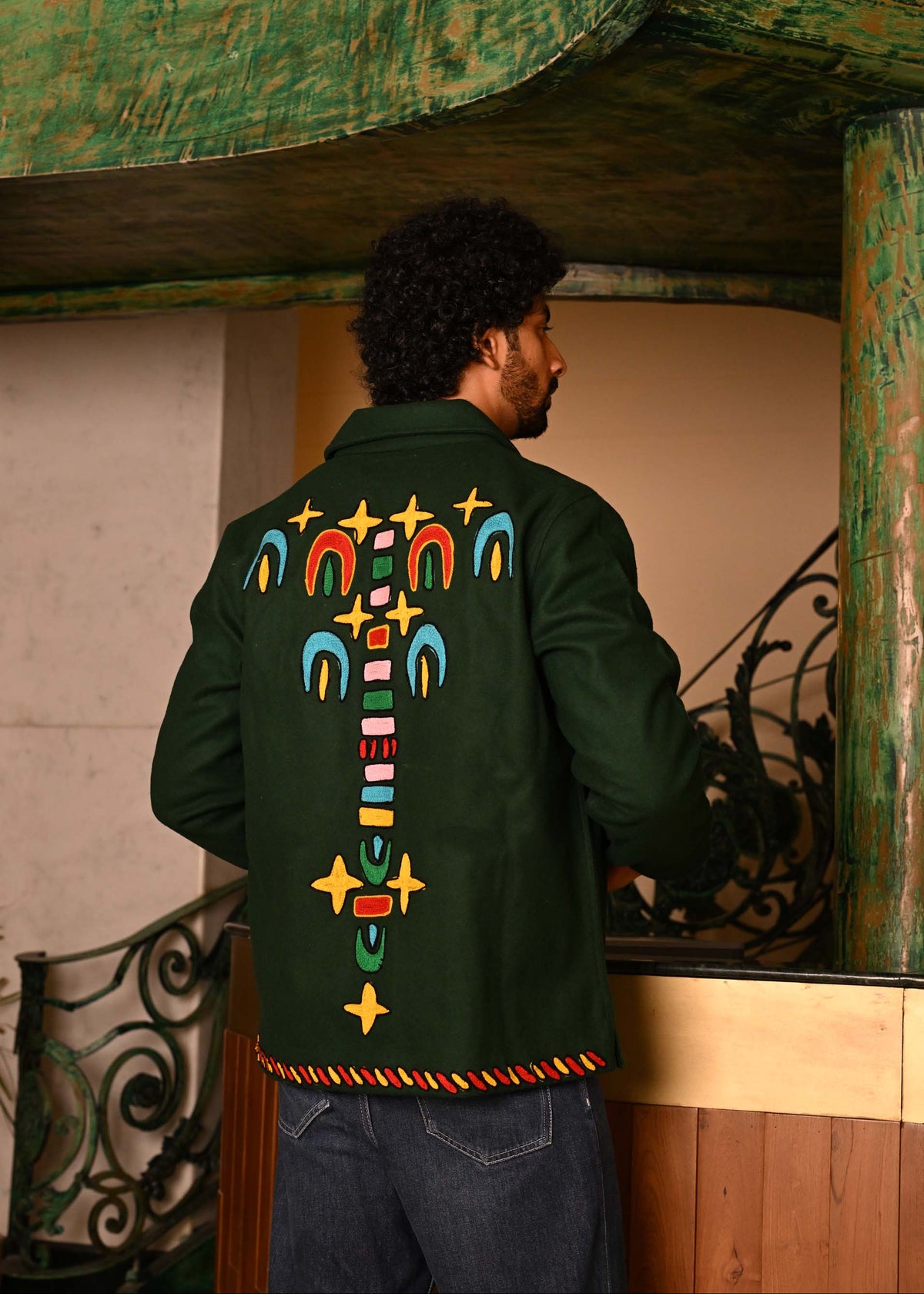 Green Embroidered Felt Jacket with Firework Design