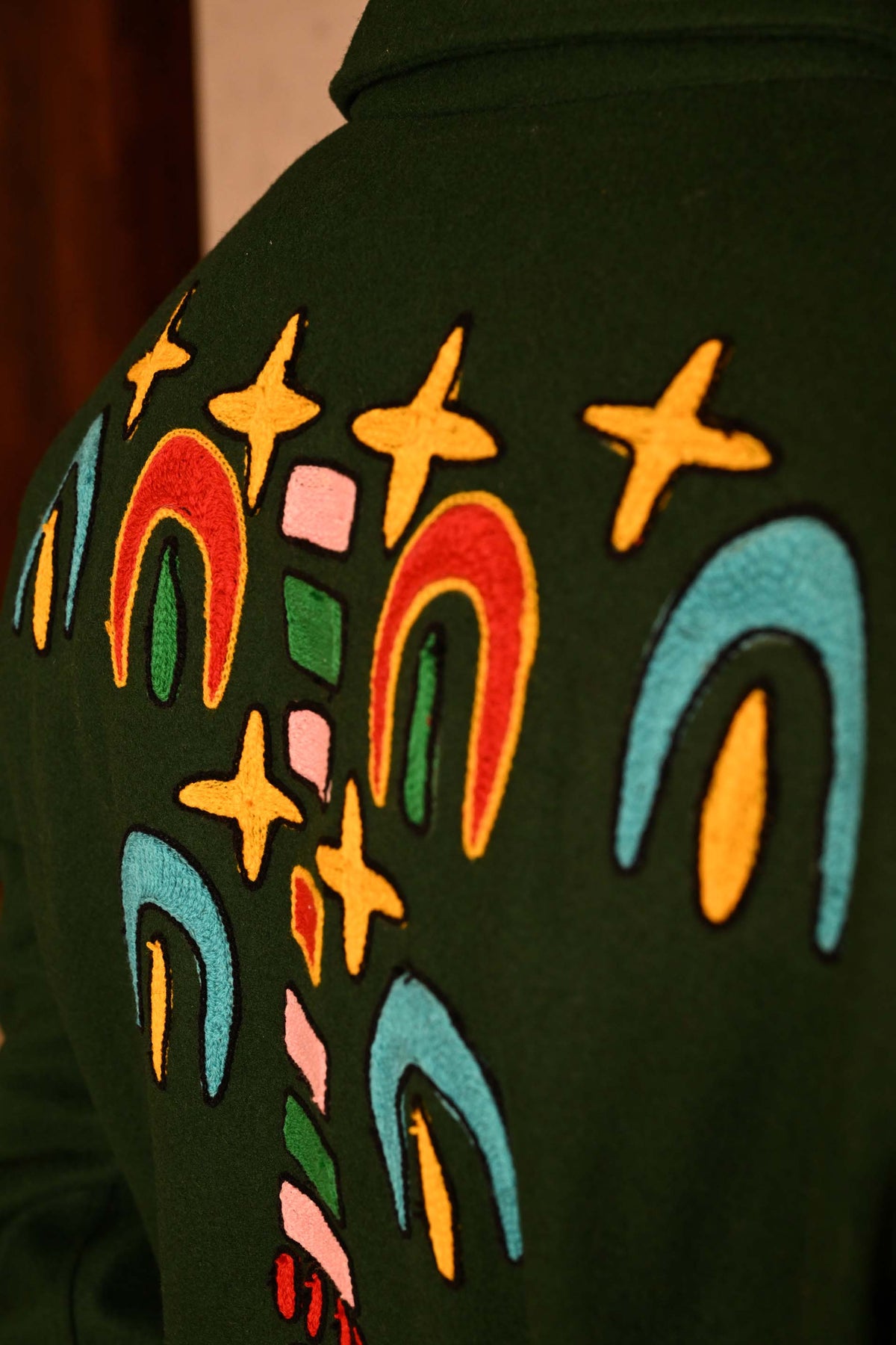 Green Embroidered Felt Jacket with Firework Design