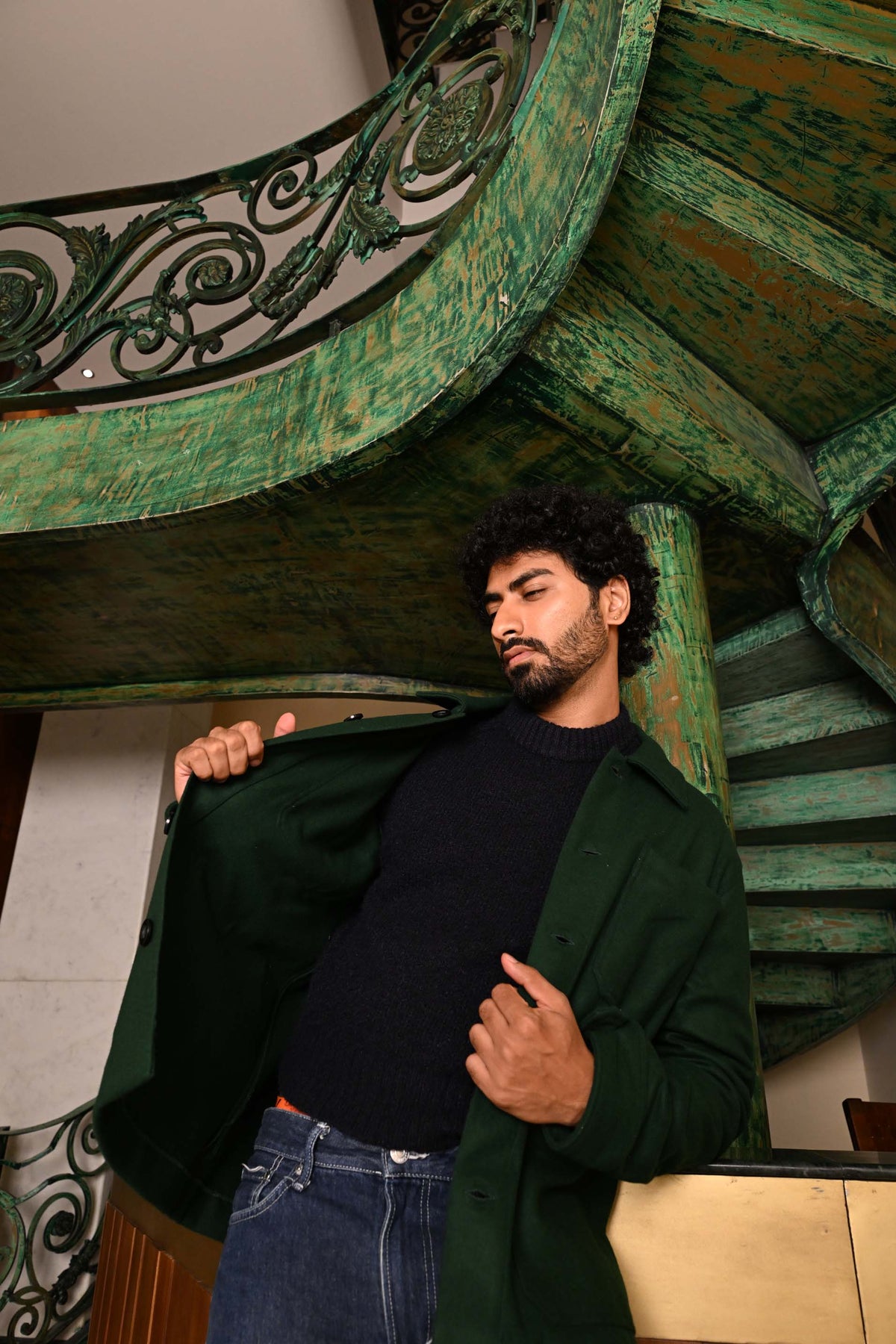 Green Embroidered Felt Jacket with Firework Design