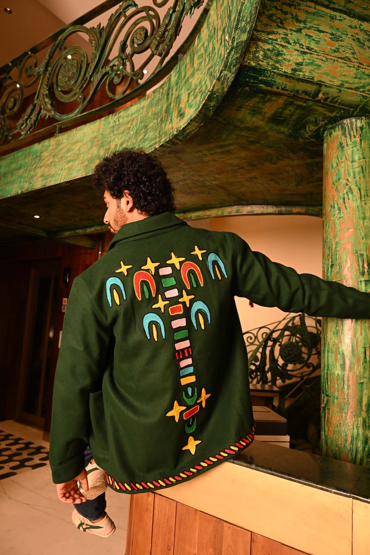 Green Embroidered Felt Jacket with Firework Design