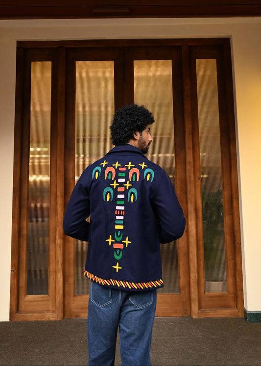 Navy Embroidered Felt Jacket with Firework Design